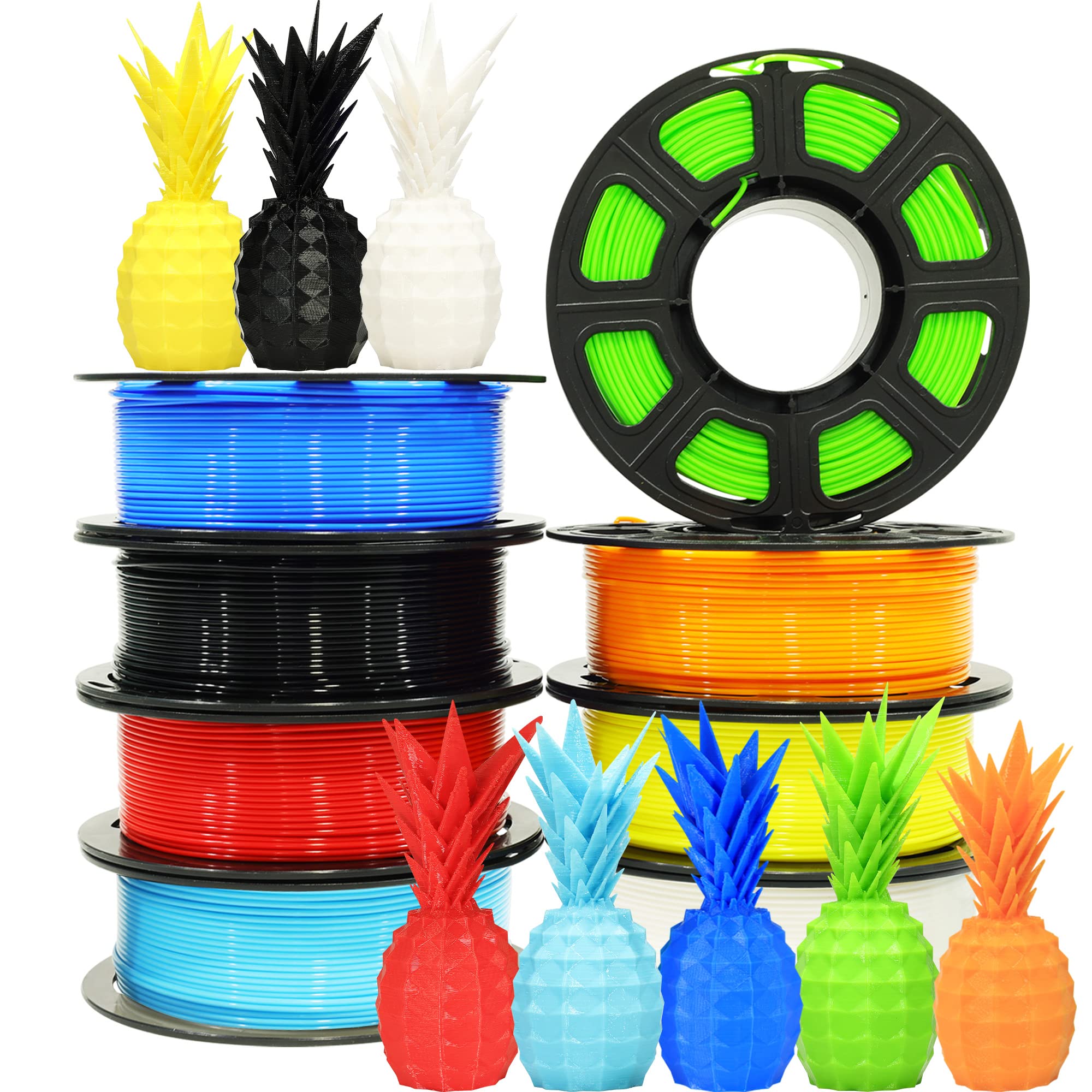 1.75mm 8 Spools Popular Colors 3D Printer PLA Filament Bundle Pack: Black White Red Blue Yellow Orange Limegreen SkyBlue, Each Spool 250g, Widely Compatible, Total 2Kg 3D Printing Filament