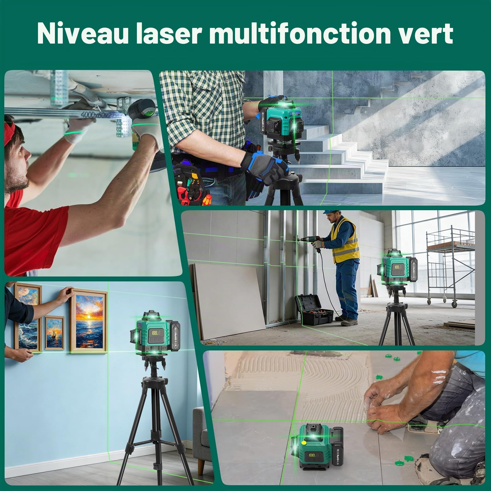 4 x 360° Niveau laser avec Trépied - Niveau Laser 4D 16 Lignes Auto-nivelant,3600mAh Piles,Laser Chantier Vert Étanche et Anti-poussière,avec Télécommande,pour Chantier de Construction,Intérieur