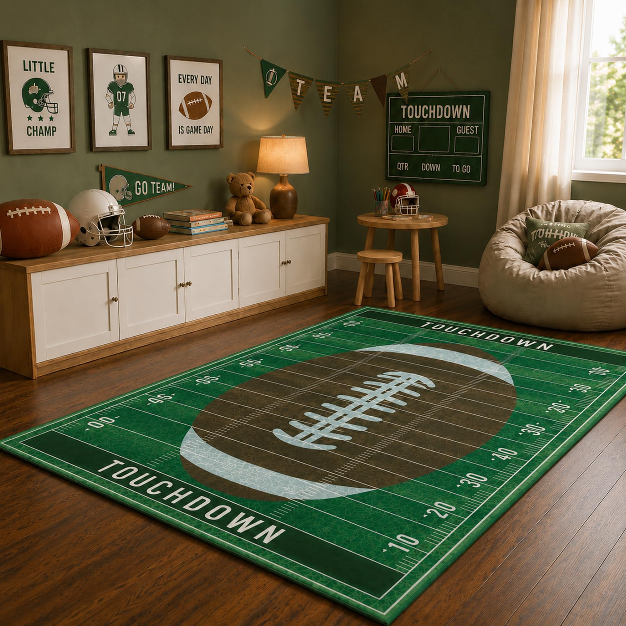 6x9 Football Area Rug for Bedroom Living Room, Washable Indoor Sport Field Sport Mat, Large Anti-Slip Floor Stadium Decor Carpet for Home Man Cave Game Room Kindergarten Teen Children's Room