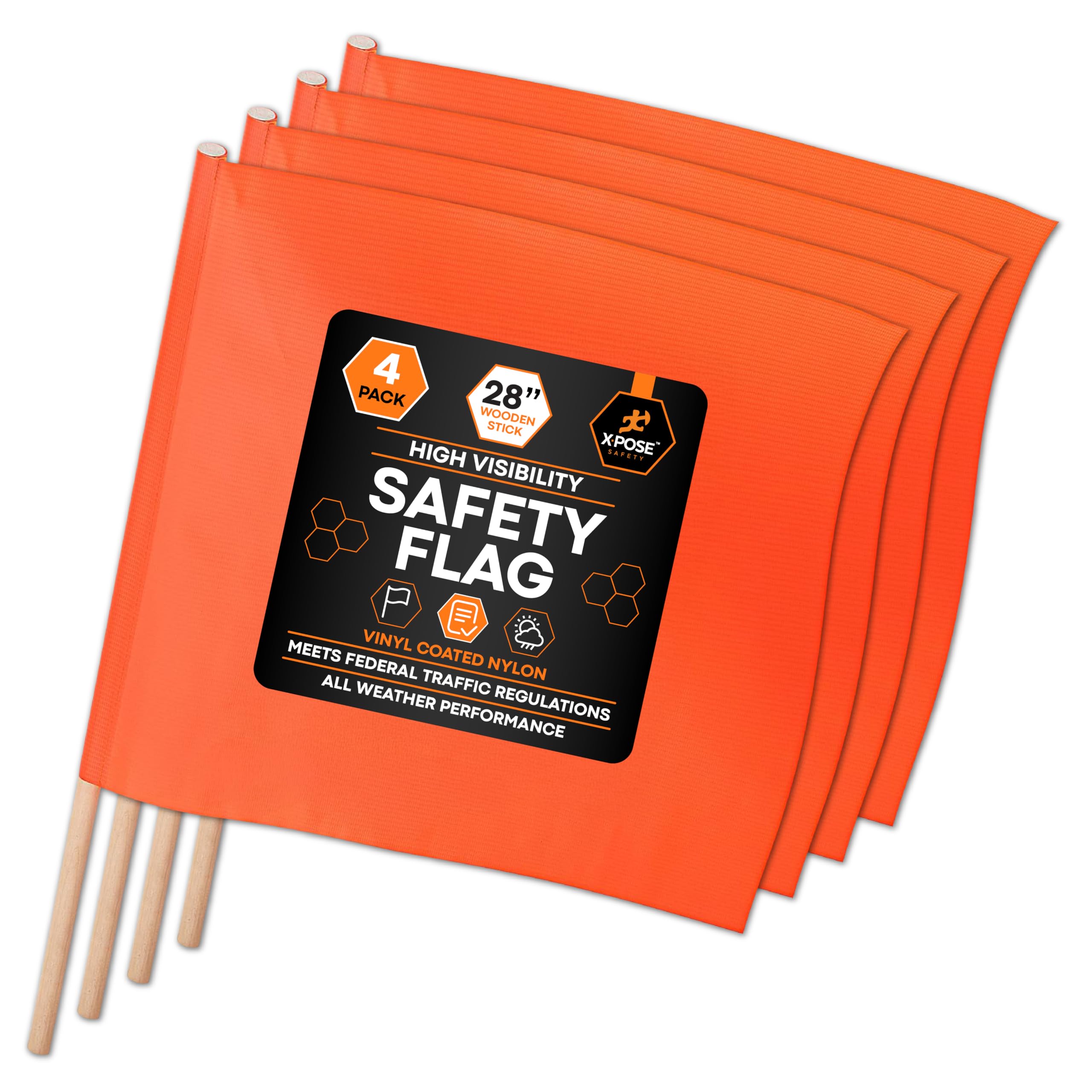 Xpose Safety Orange Safety Flags - 18" x 18" Warning Flags with 28" Wood Staff - 4-Pack Square Safety Flag for Wide Loads, Roof Work, Oversize Signs,