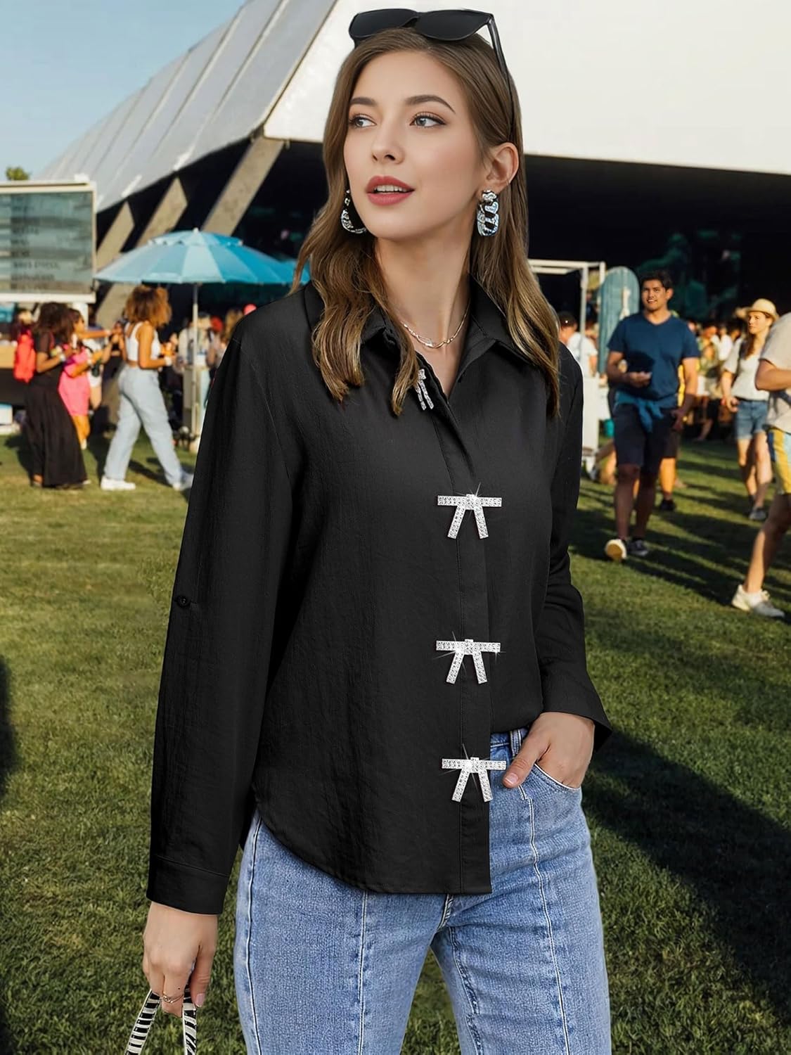 MYMORE Womens Removable Rhinestone Bow Button Down Shirt Rolled 3/4 Sleeve Sparkly Top Concert Western Cowgirl Outfit - Image 5