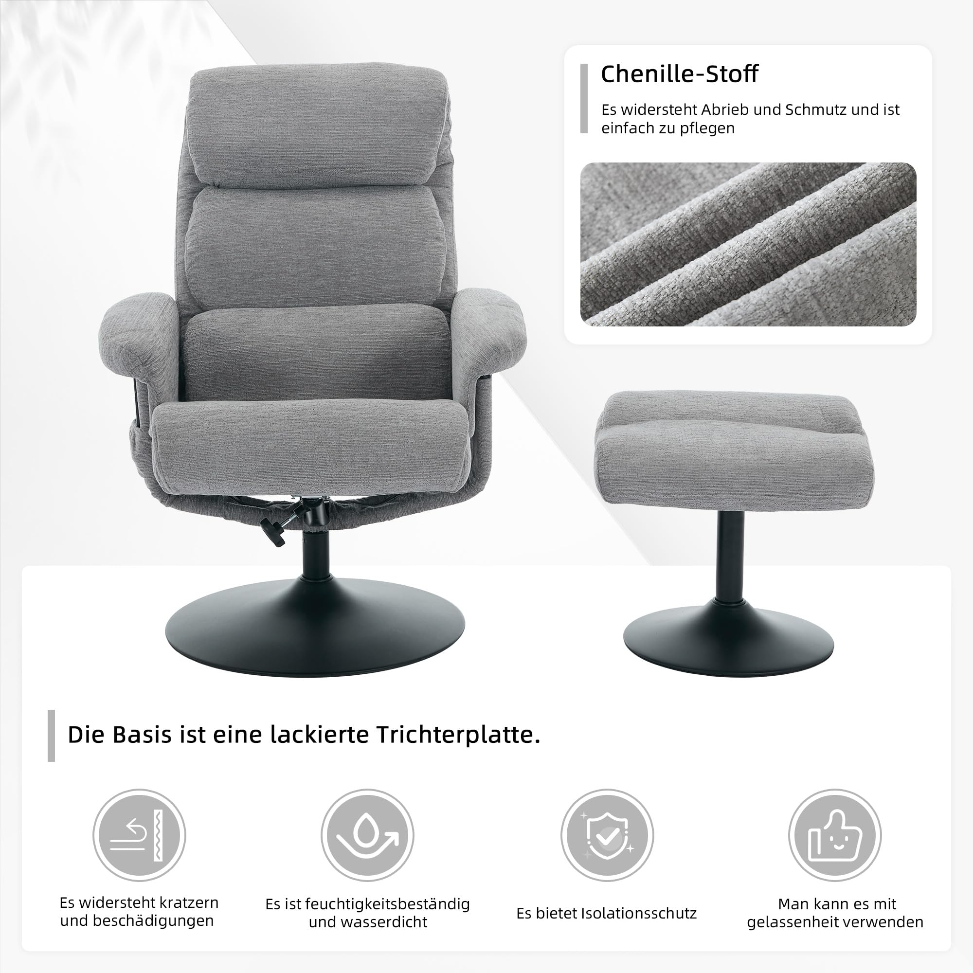 Sillón de relax reclinable con masaje de 5 puntos, sillón y taburete giratorio 360°, tela de chenilla gris