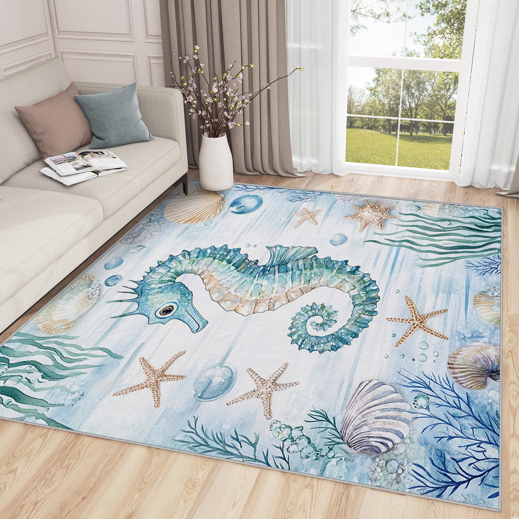 Zoainuos Ocean Seahorse Rugs - 2x3 Rug, Coastal Sea Life Door Mat Indoor Entrance, Kids Nursery Ocean Themed Entryway Throw Rugs, Underwater Carpet, Seahorse Home Decor & Gifts