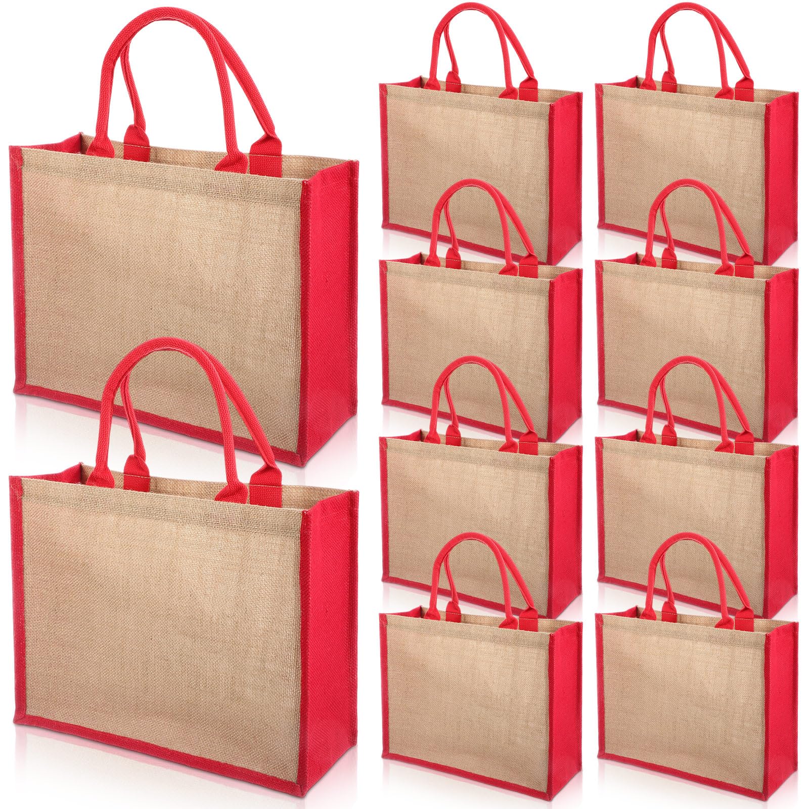 Shappy 10 Pack Burlap Tote Bag Set, Reusable Blank Jute Burlap Grocery Bag with Handle for Bridesmaid Gift Shopping DIY(Jute and Red)