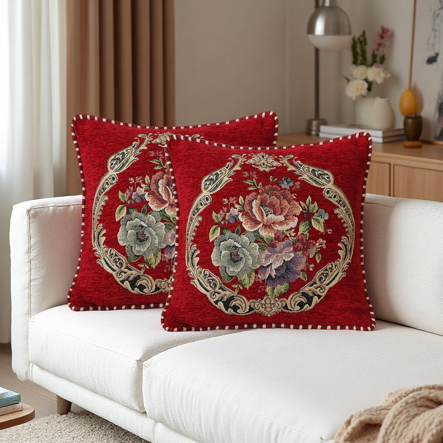 Set of 2 Grey Vintage Embroidered Throw Pillow Covers for Sofa Couch, Cushion 18x18 inch Headboard Pillow Euro Sham Covers