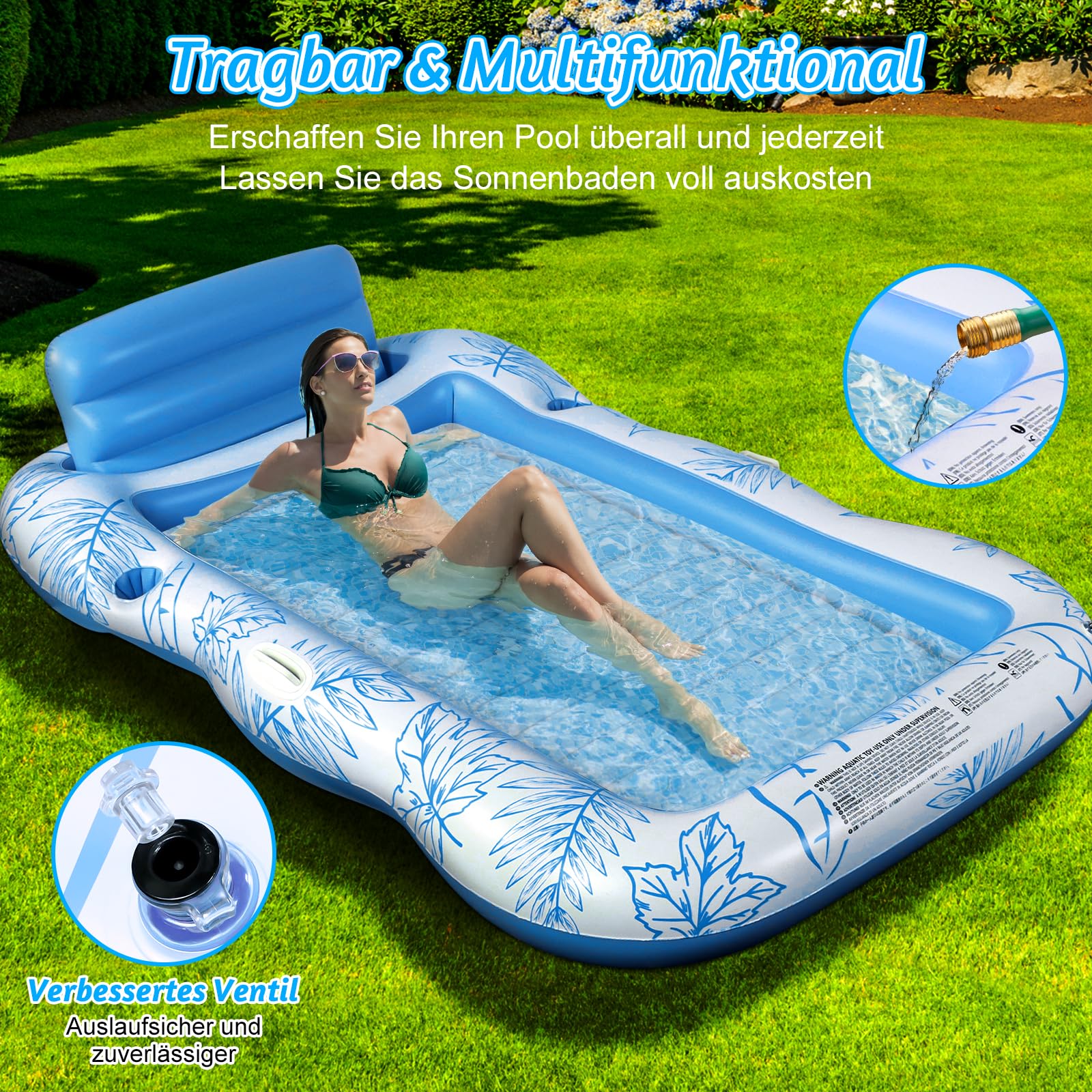 Charmofun Aufblasbarer Tanning Pool, Luftmatratze Pool Hängematte mit Tassenhalter, Pool Lounge aufblasbare Liege, Aufblasbare Sonnenpool Wasserhängematte für Erwachsene und Kinder (Blau)