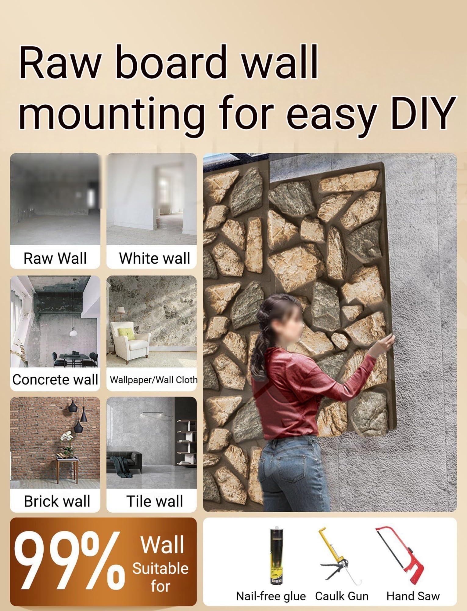 Paneles de pared 3D, aspecto de piedra sintética, revestimiento de madera de PU impermeable for decoración de paredes interiores y exteriores, 47,2 x 24 pulgadas(Size5)