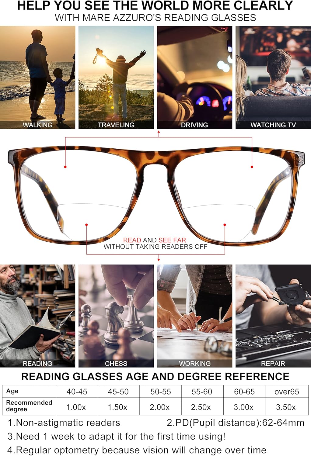 MARE AZZURO Large Bifocal Reading Glasses Men Blue Light Blocking Readers Square Reader 0 1.00 1.25 1.50 1.75 2.00 2.25 2.50 2.75 3.00 3.50 (Brown, 175)