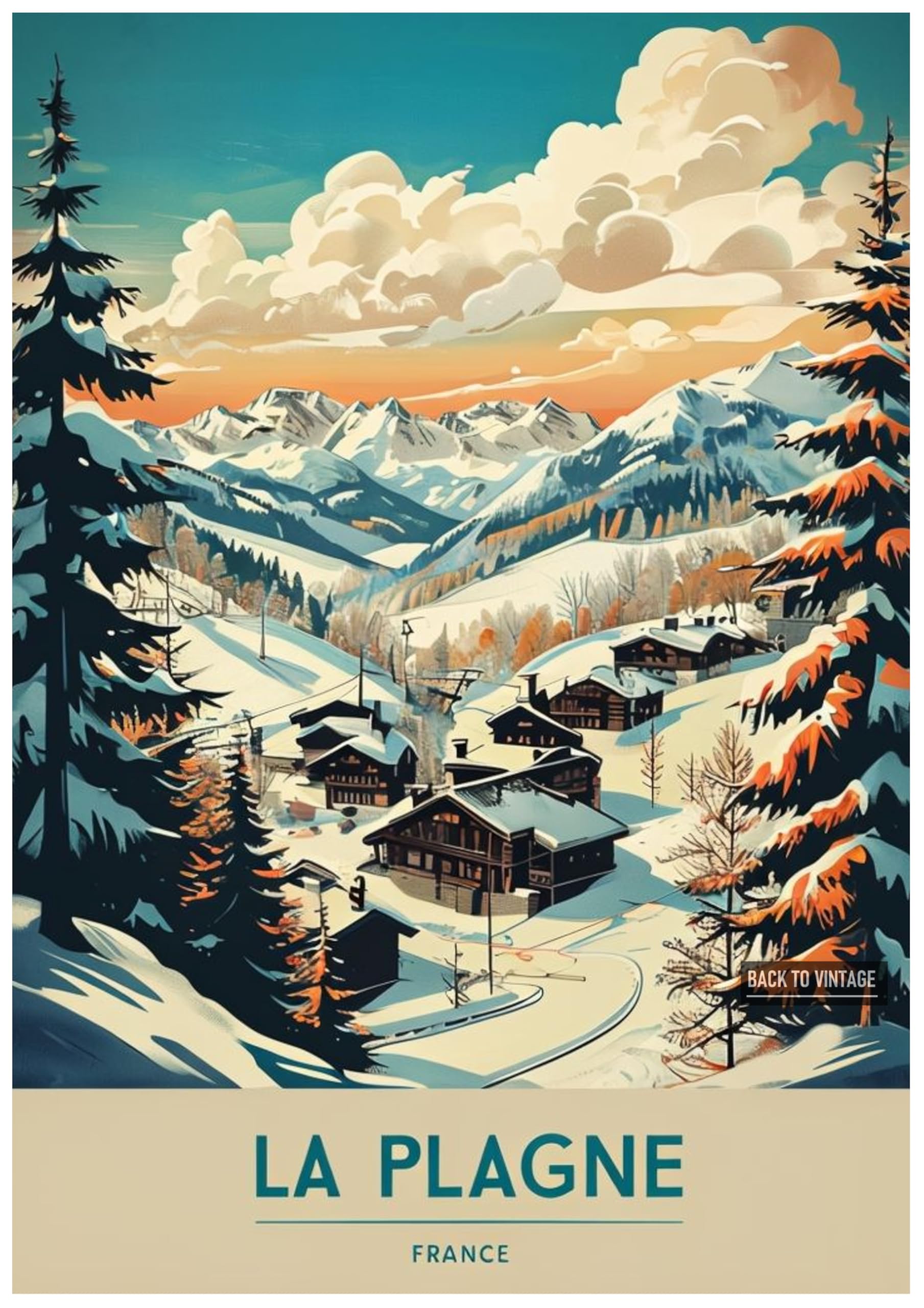 Back To Vintage Multicoloured La Plagne - Vintage Ski Resort Poster A4 Size Retro Winter Sports Wall Art Alpine Mountains Snow Landscape Home Decor For Ski Lovers