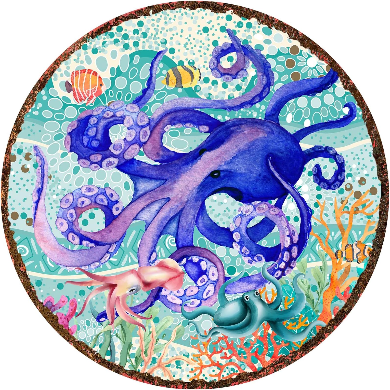 AOKDEER Retro Sea Octopus Metal Sign, Vintage Kitchen Signs Wall Decor, Siren Funny Tin Signs Bar Beach Octopus Decorations Housewarming Gift, 12" Round Metal Sign
