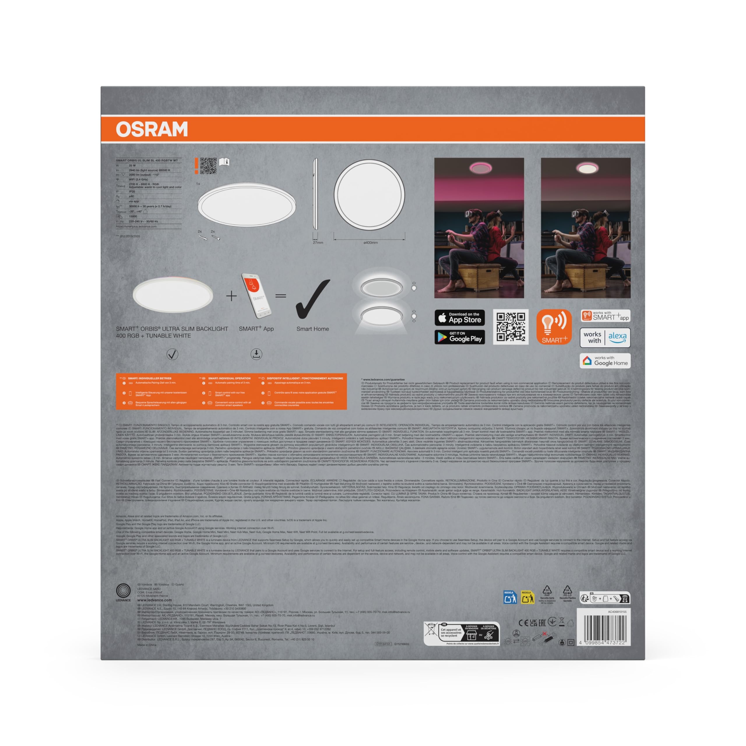 Osram SMART+ Orbis LED Panelleuchte 400mm Weiß RGB+TW WiFi | SMART+ Wifi Orbis Ultra Slim Backlight, Indoor Wall Lighting, Weiß, 400 mm dia, 30000 h, 1-Pack