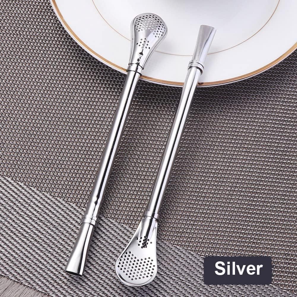 Bombilla Yerba Mate Straws, 3 Pack Reusable Colorful Tea Coffee Cocktail Stainless Steel Bent Smooth Flow Drinking Stir Filter Spoon Straws with Cleaning Brush by Beruth (silver)
