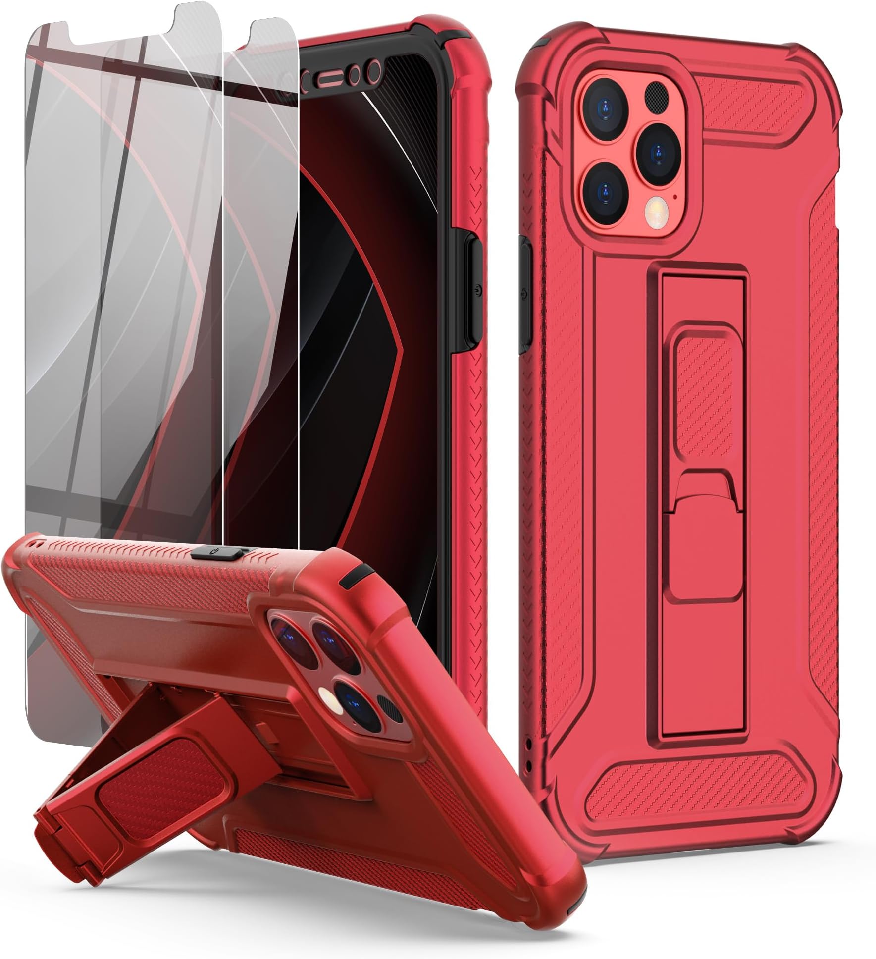 ORETECHfor iPhone 12 Pro Max Case, [2 x Tempered Glass Screen Protector] [Built-in Kickstand] [Military Grade Shockproof] 4 in 1 Full Body Protective Silicone Bupmer Hard PC Phone Case Cover - Red