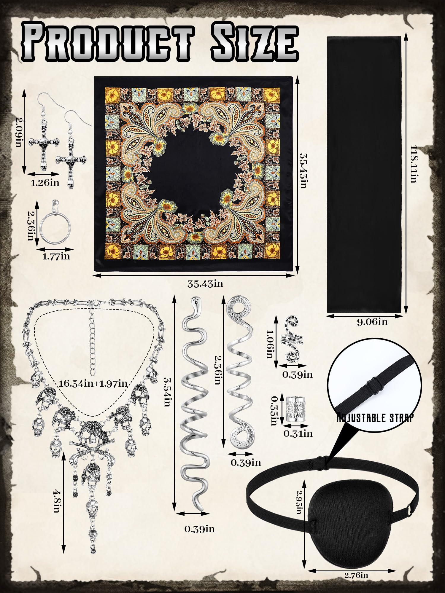 Remuuly Piratenkostüm-Zubehör für Damen, Piratenkopftuch, Schärpe, Gürtel, Augenklappe, Halskette, Ohrringe, Schlangen-Haar-Accessoire, 24 Stück