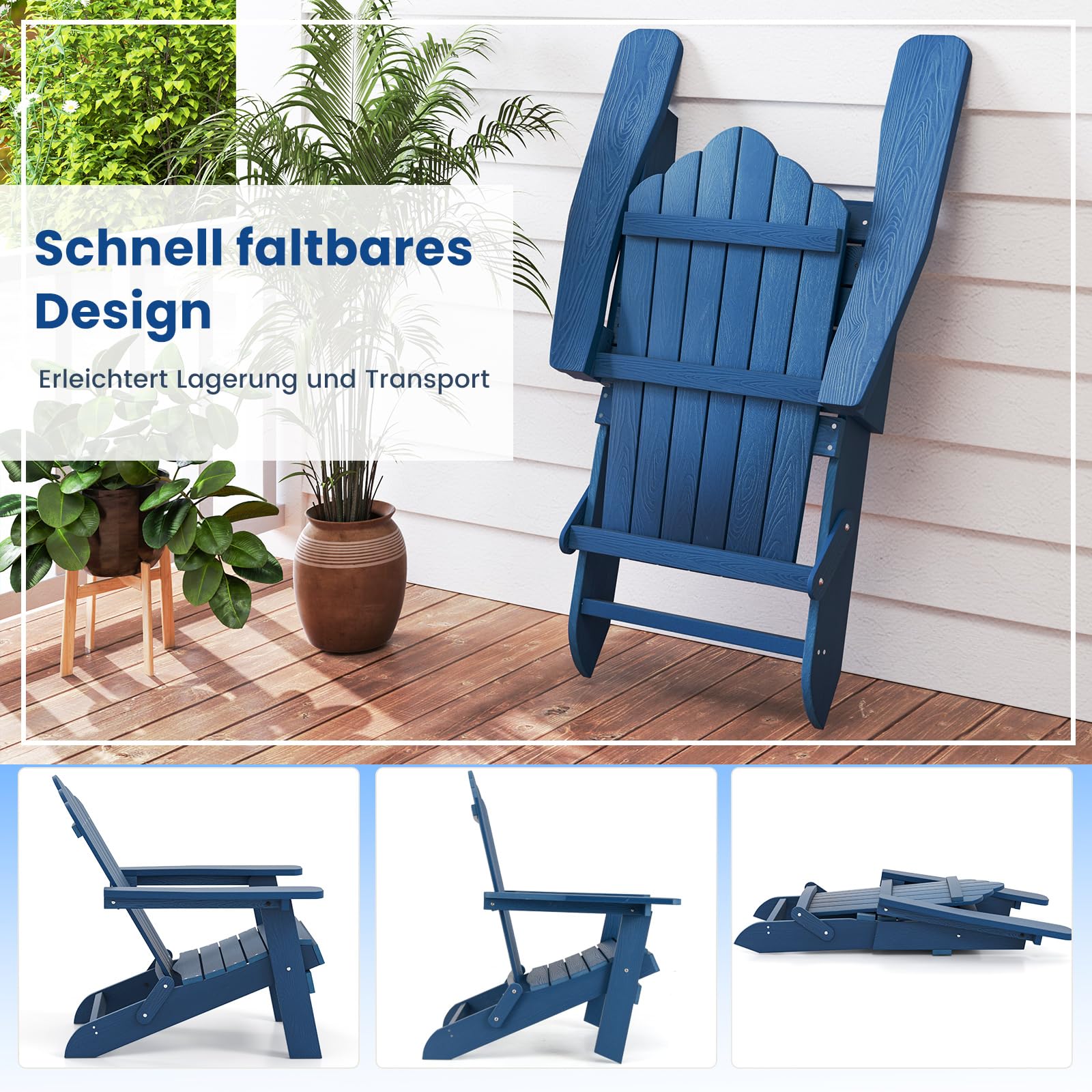 COSTWAY Adirondack Stuhl klappbar, wetterfester Adirondack Chair aus Kunststoff, Gartensessel mit hoher Rückenlehne & Breiten Armlehnen für Garten, Terrasse, 180 kg Tragfähigkeit (Marine)