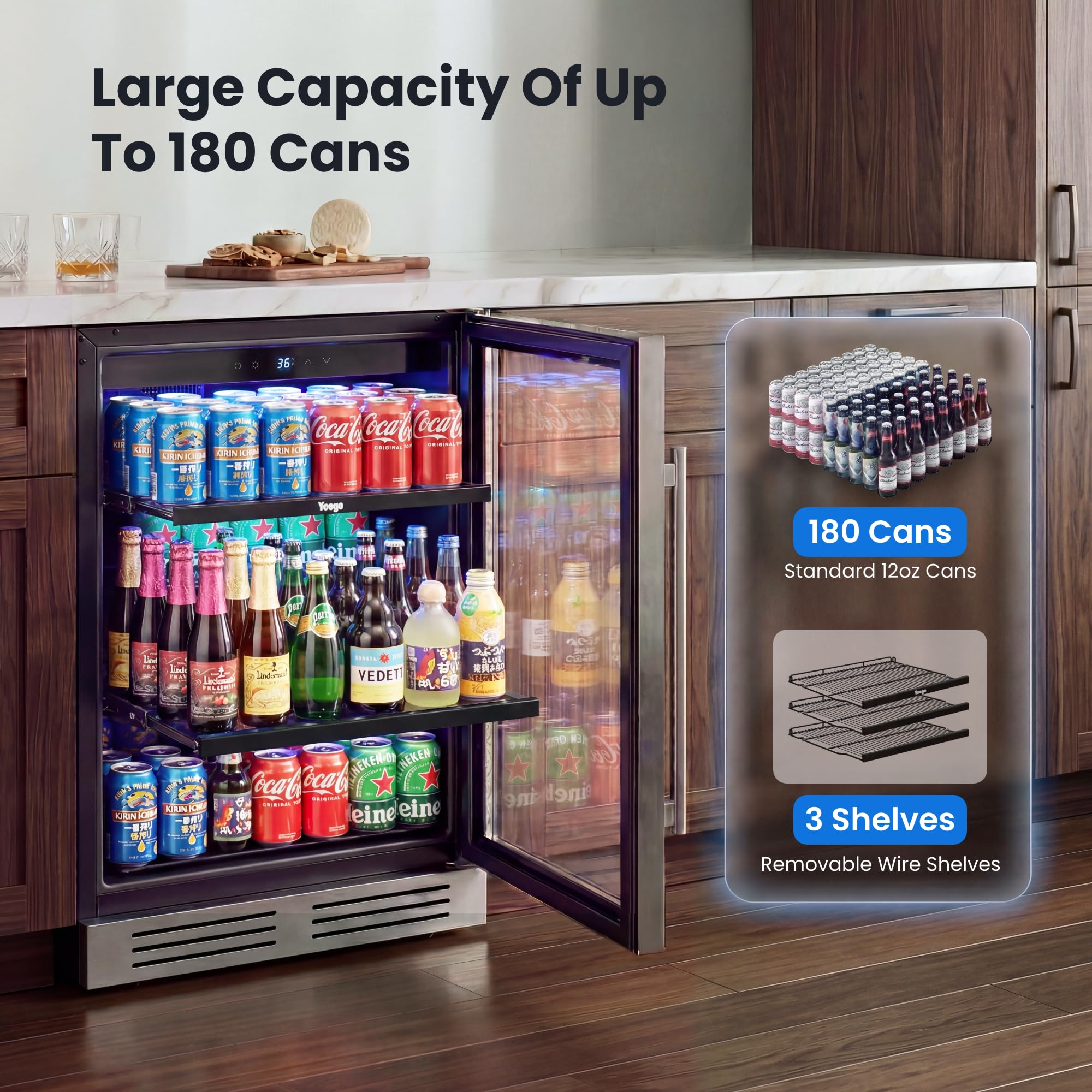 YEEGO Beverage Refrigerator & Drink Fridge - 24 Inch 180 Cans Beer Cooler Glass Door, 34-54℉ Under Counter Refrigerator Built-In For Drink Soda Wine For Bar Office Bedroom on Fridge.com - View 3