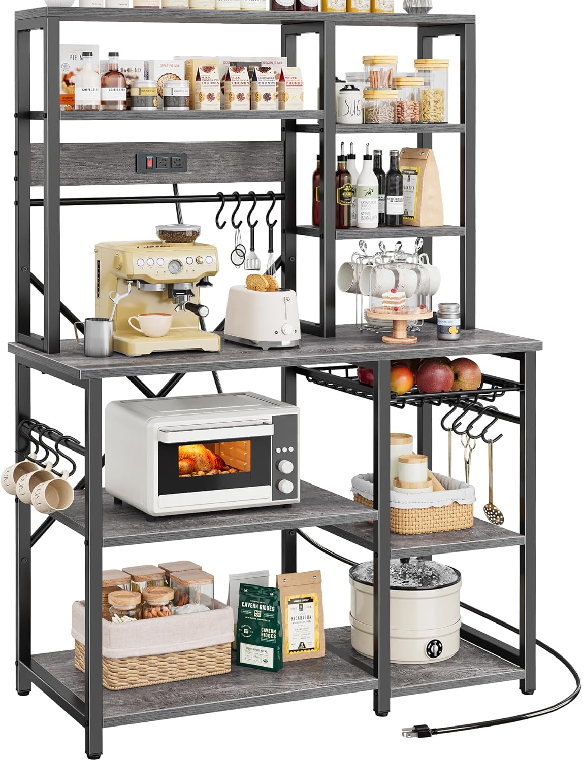 SUPERJARE Large Bakers Rack with Power Outlets, 6-Tier Microwave Stand, Coffee Bar with 12 S-Shaped Hooks, Kitchen Shelf with Wire Basket, 39.3 x 15.5 x 66.9 Inches, Charcoal Gray