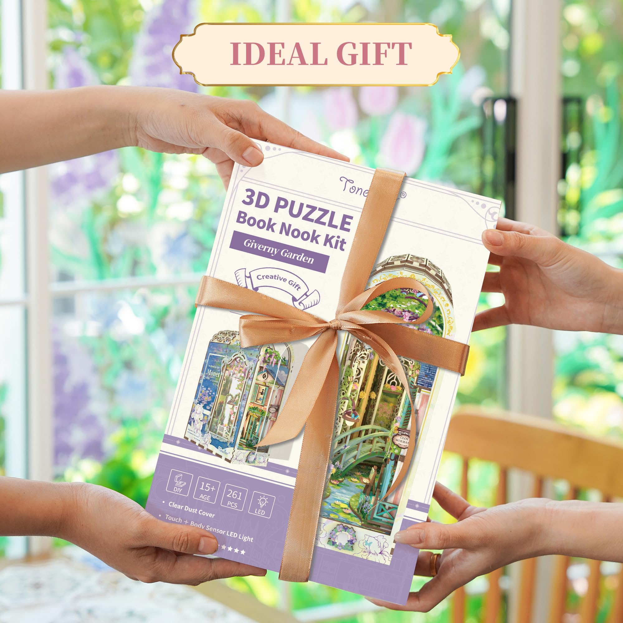 Tonecheer DIY Book Nook Kit for Adults, 3D Puzzle Wooden Miniature House Kit, Booknook Dollhouse Bookshelf Insert Decor Bookend with Dust Cover and LED Lights Gifts ()