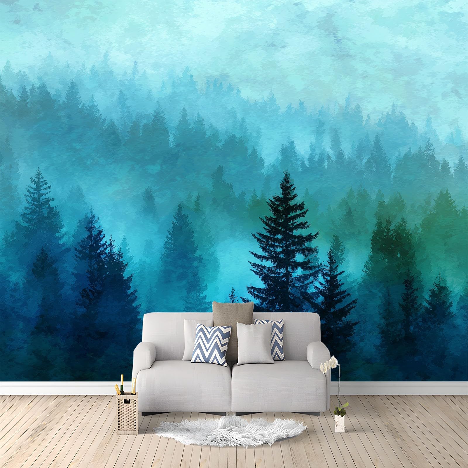Generisch Tapeta panoramiczna, spokojna, abstrakcyjny las, petrol, tapeta z włókniny, tapeta ścienna do biura, korytarza, sypialni, salonu, dekoracja ścienna – 350 x 256 cm (szer. x wys.)