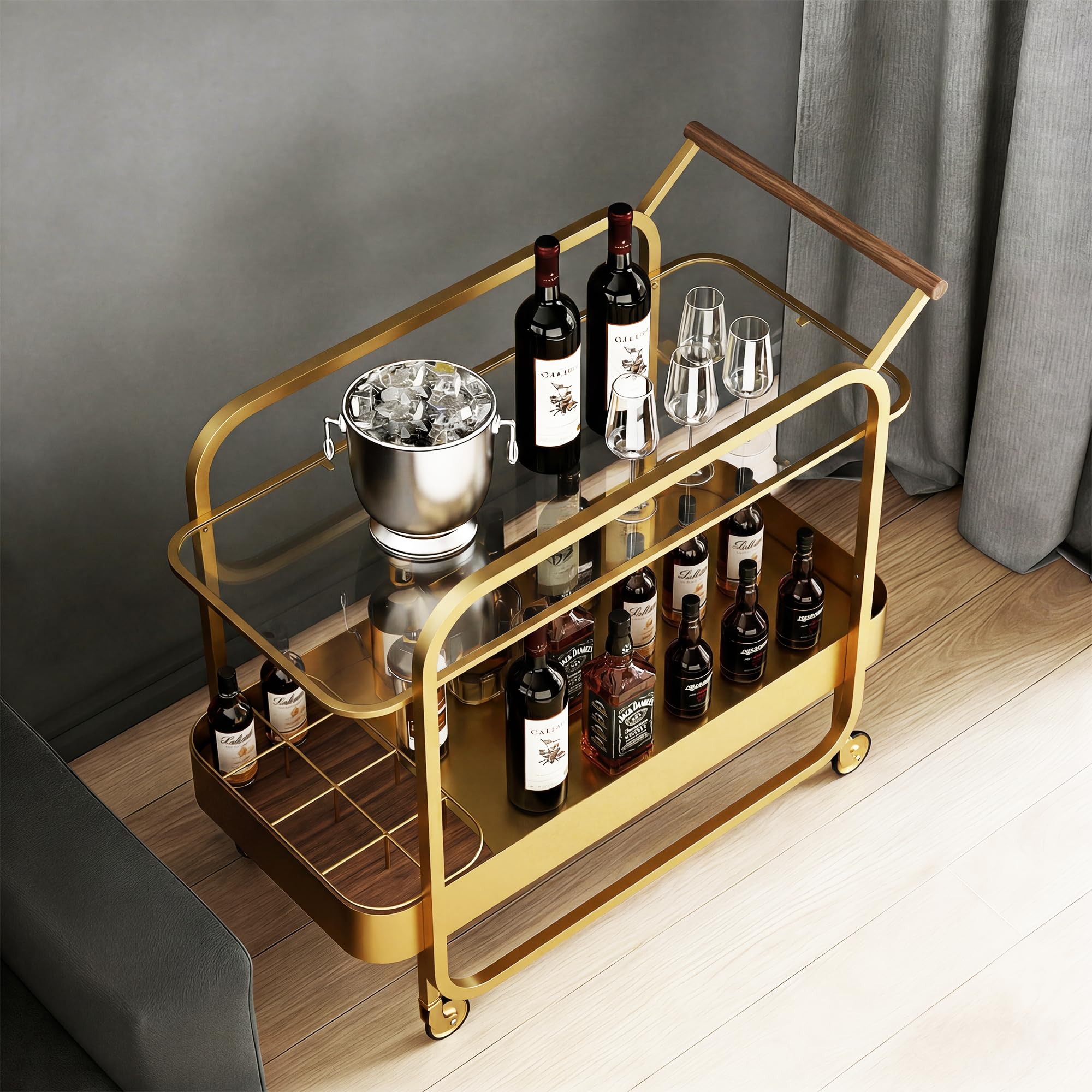 Carrito de Bar 2 Niveles, Carrito de Bebidas con Bandeja de Vidrio Templado y Rejilla para Botellas, Carro de Bar con Ruedas Bloqueables, Carrito Multiusos para Cocina, Salón, Dorado