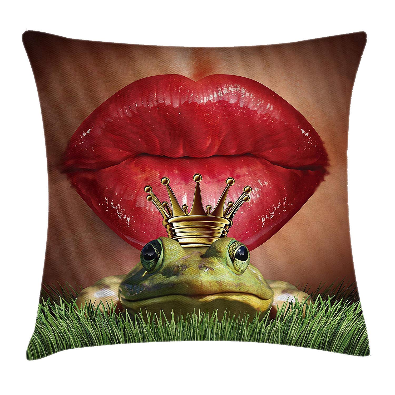 Jolly2T Animal Throw Pillow Cushion Cover, Lady Finds Her Frog Prince Soul Mate in Love Valentines Romance Fairy Tale Art, Decorative Square Accent Pillow Case, 18 X 18 inches, Green Red Yellow