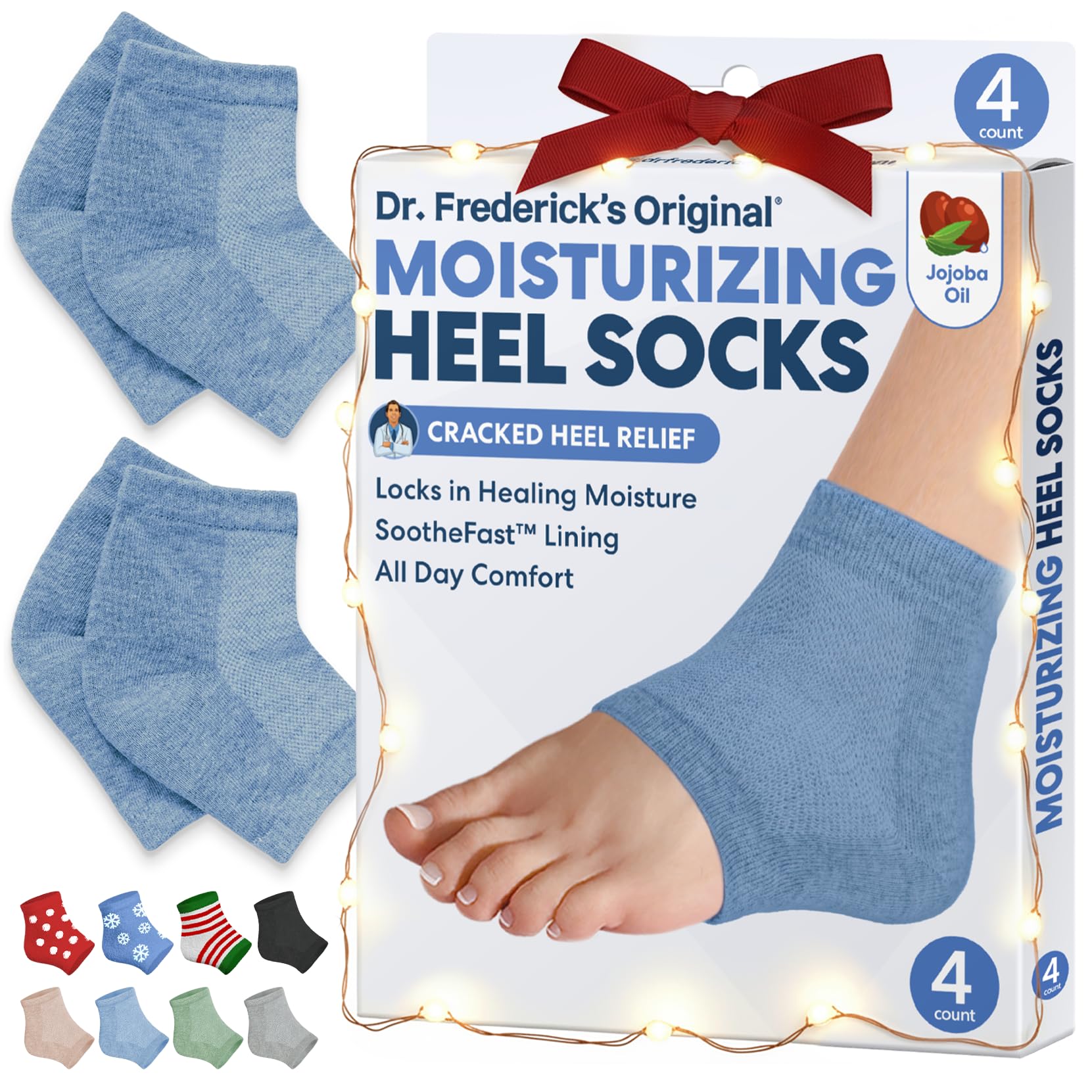 Dr. Frederick's Original Moisturizing Heel Socks for Dry Cracked Heels Treatment - Infused with Jojoba Oil, Mint Oil and Vitamin E - 2 Pairs - Stocking Stuffers for Adults - Blue Jojoba