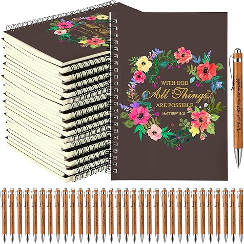 Colarr Juego de 200 piezas de regalos cristianos con Dios, todas las cosas son posibles, Mateo 19 26, bolígrafo de bambú bíblico inspirador, bloc de