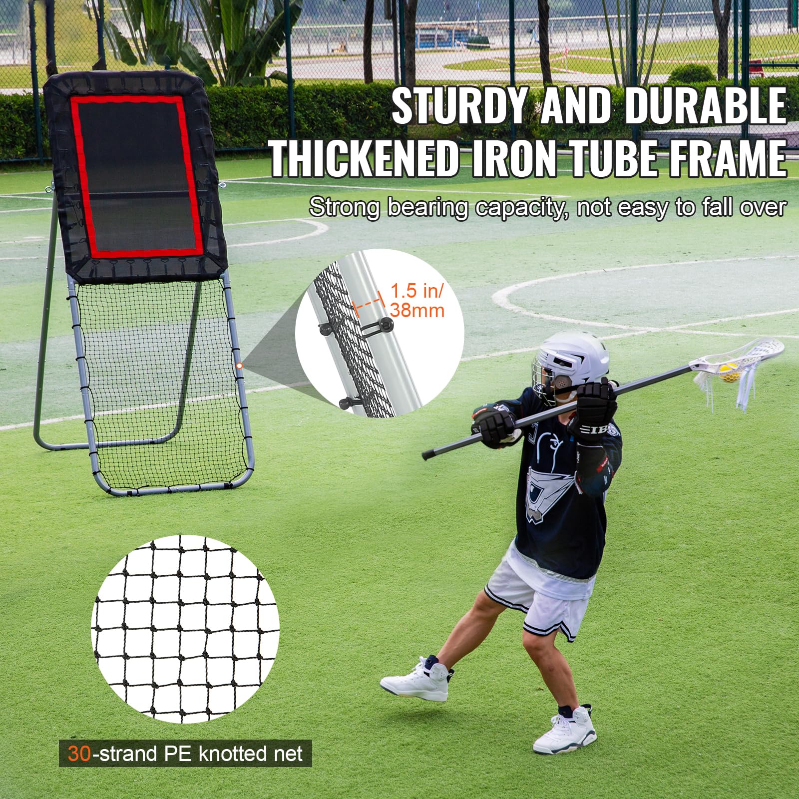 Happybuy 3x8 Ft Folding Lacrosse Rebounder, Volleyball Bounce Back Net, Baseball Softball Return Screen, Adjustable Shooting Wall for Training, Black