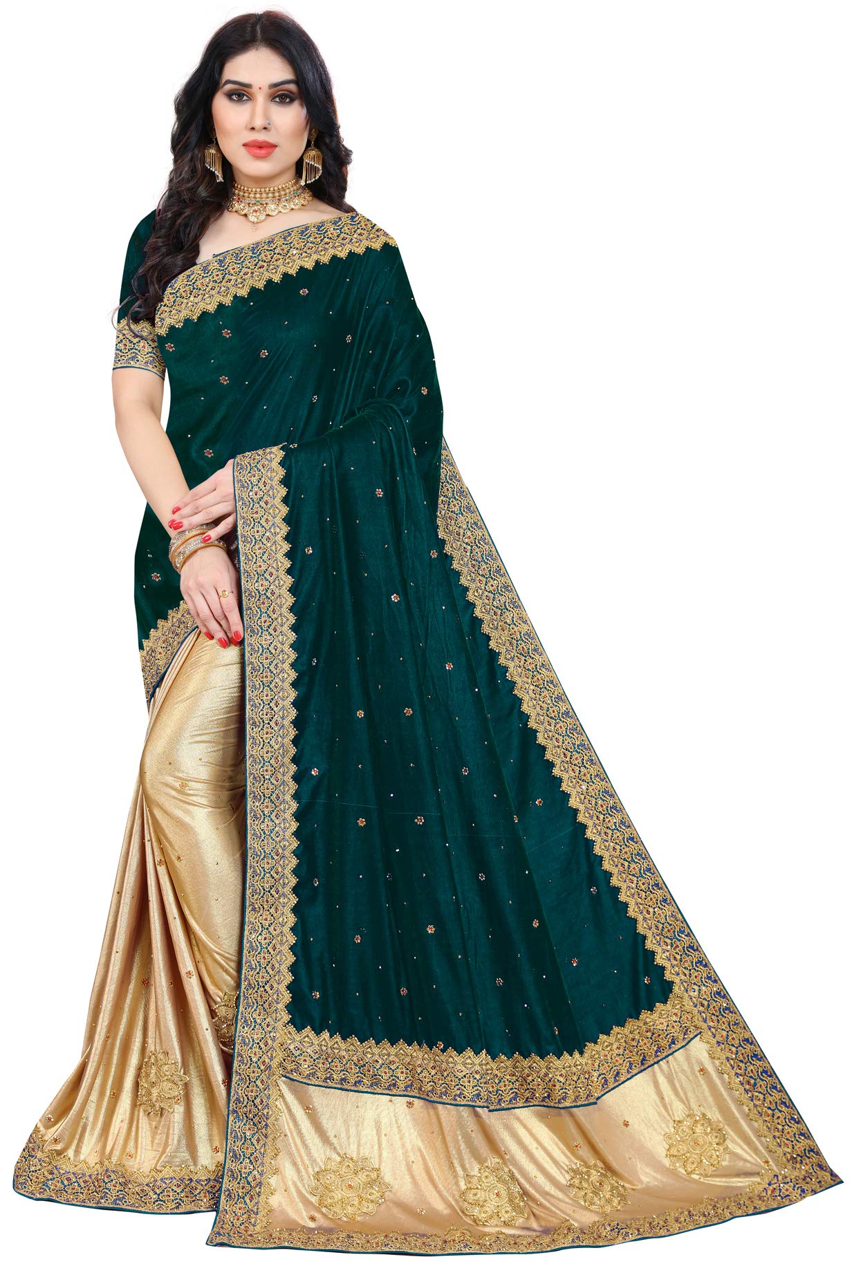 Vaidehi Fashion Women's Velvet and Silk Heavy Embroidery and Stone Work Saree