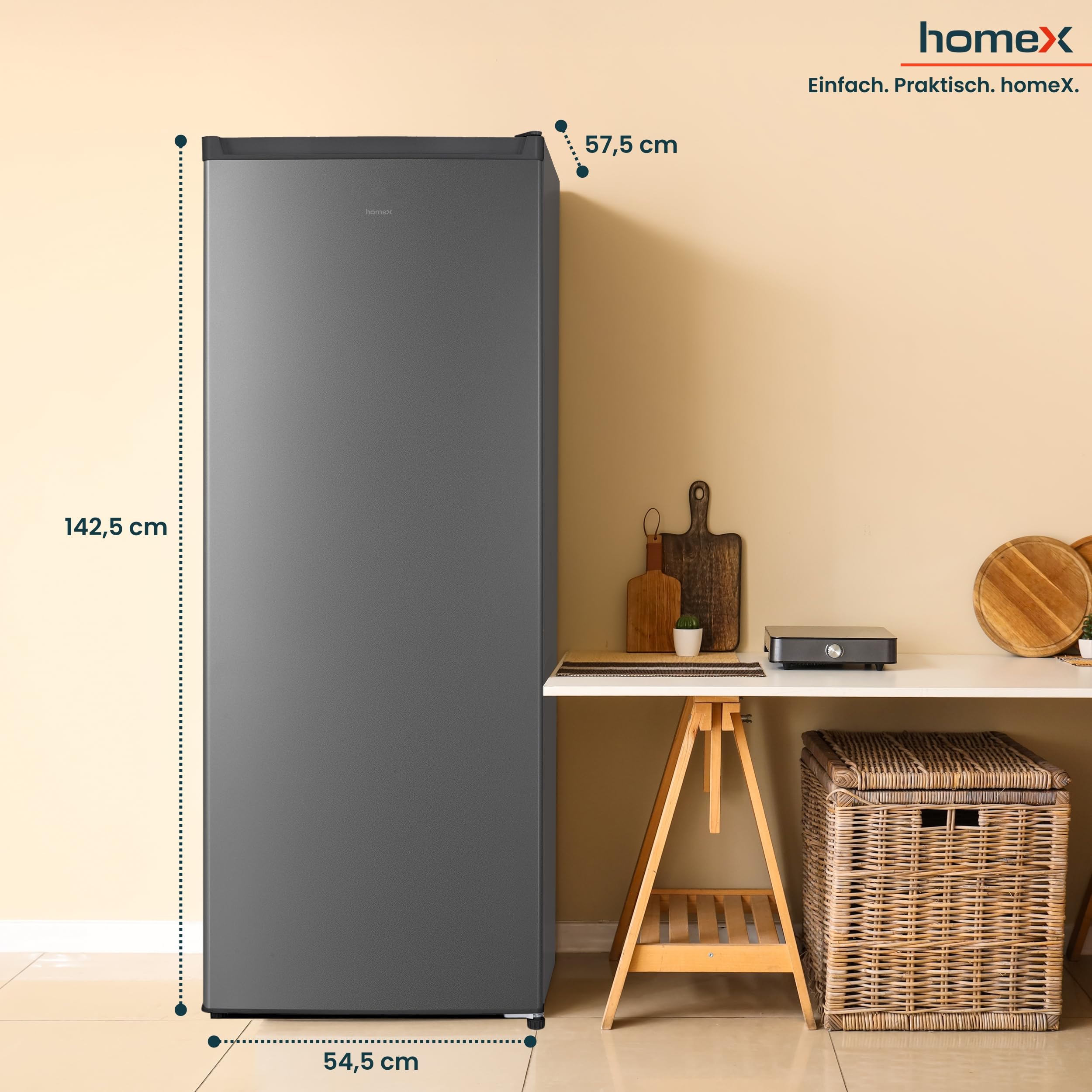 homeX FS1682E-S Gefrierschrank Tiefkühlschrank groß 168L Nutzinhalt silber | 4-Sterne Gefrieren, Freezer, Gefrierschränke freistehend, Temperaturregelung, wechselbarer Türanschlag, leise 37 dB