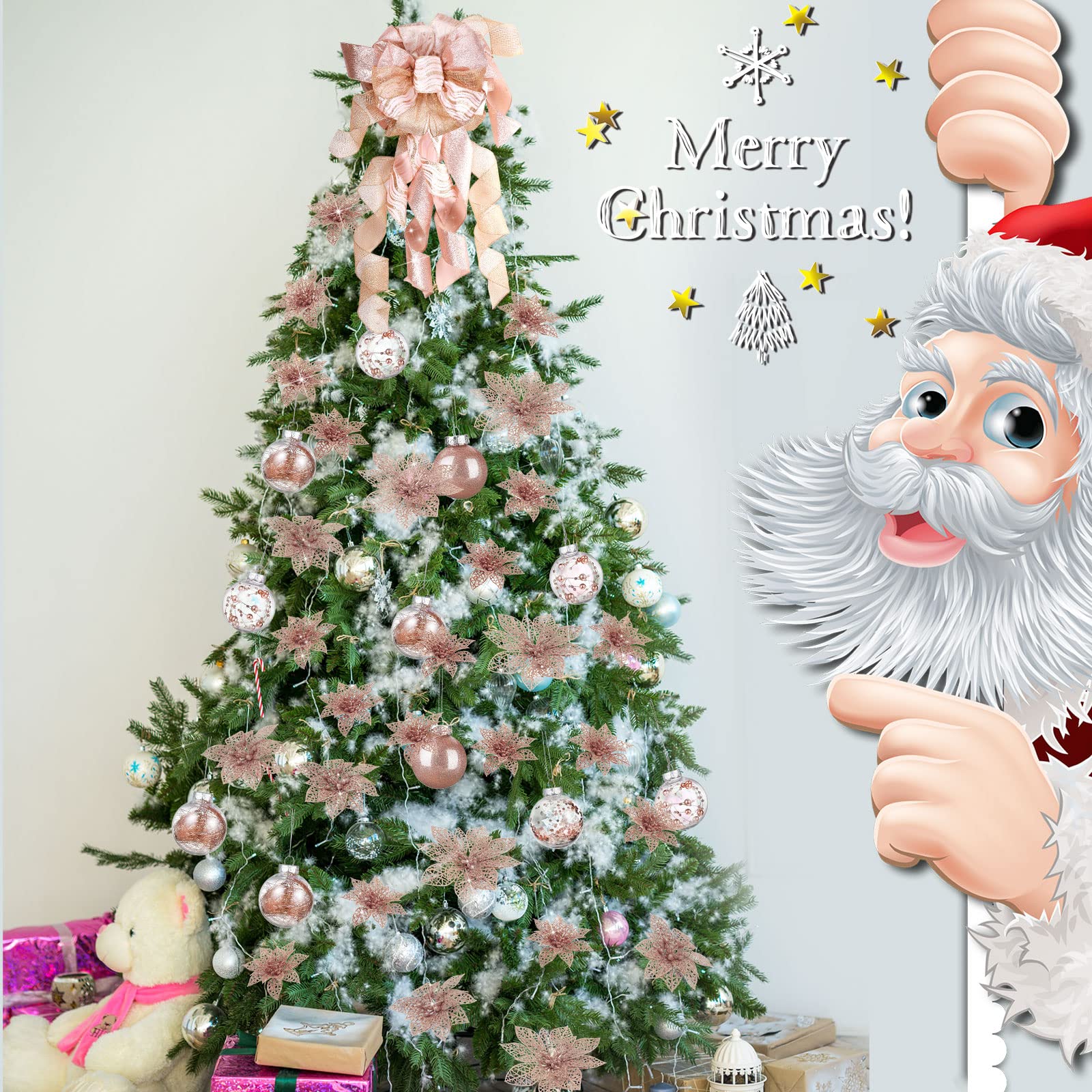 49 Pièces Set de Décoration de Sapin de Noël 24 Fausses Fleurs de Poinsettia de Noël à Paillettes Nœud Topper d’Arbre de Noël 24 Boules de Noël 2,36 Pouces pour Noël Nouvel an (Or Rose)