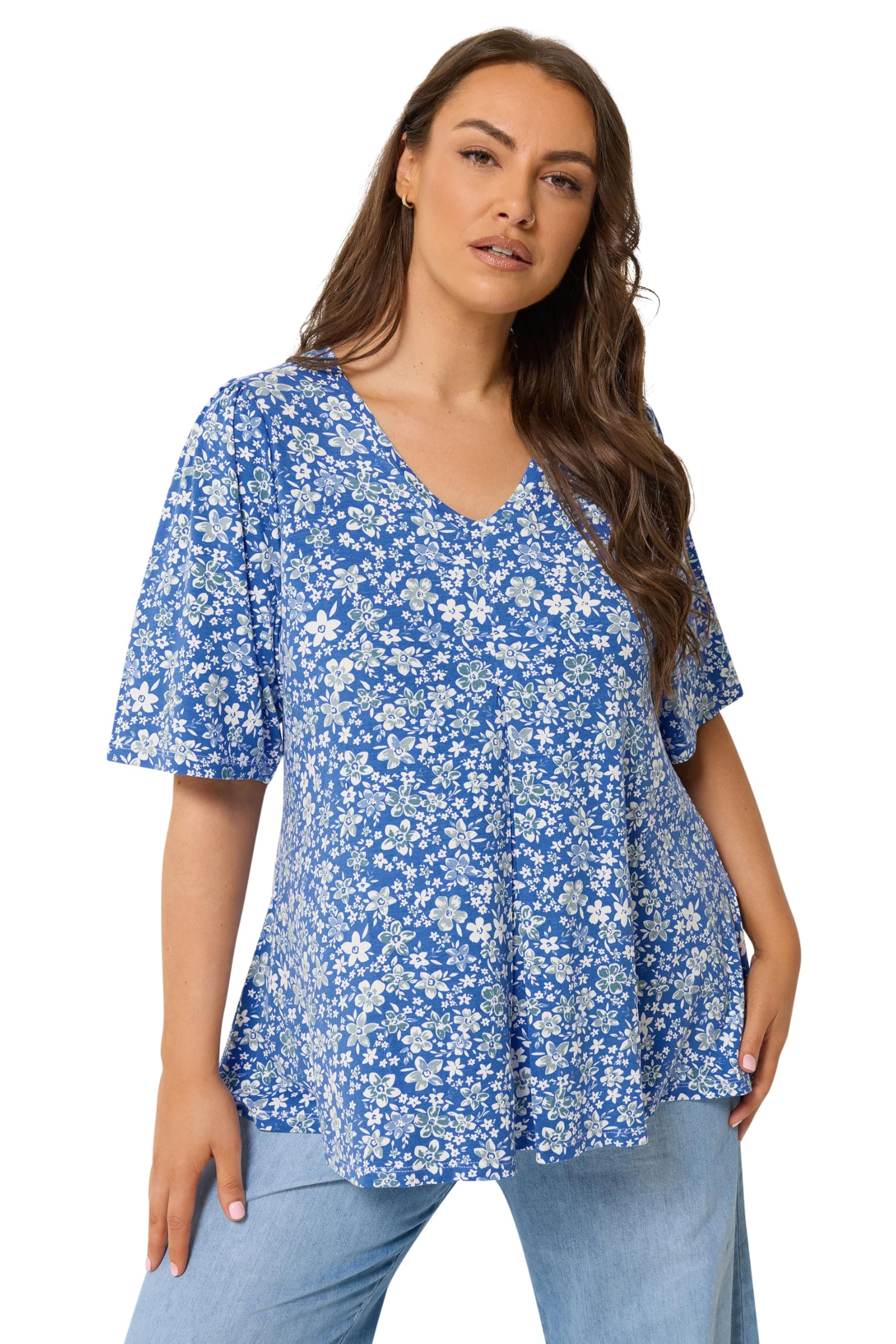 Yours Curve Ditsy Floral Swing Top - Women's - Plus Size Curve Blue