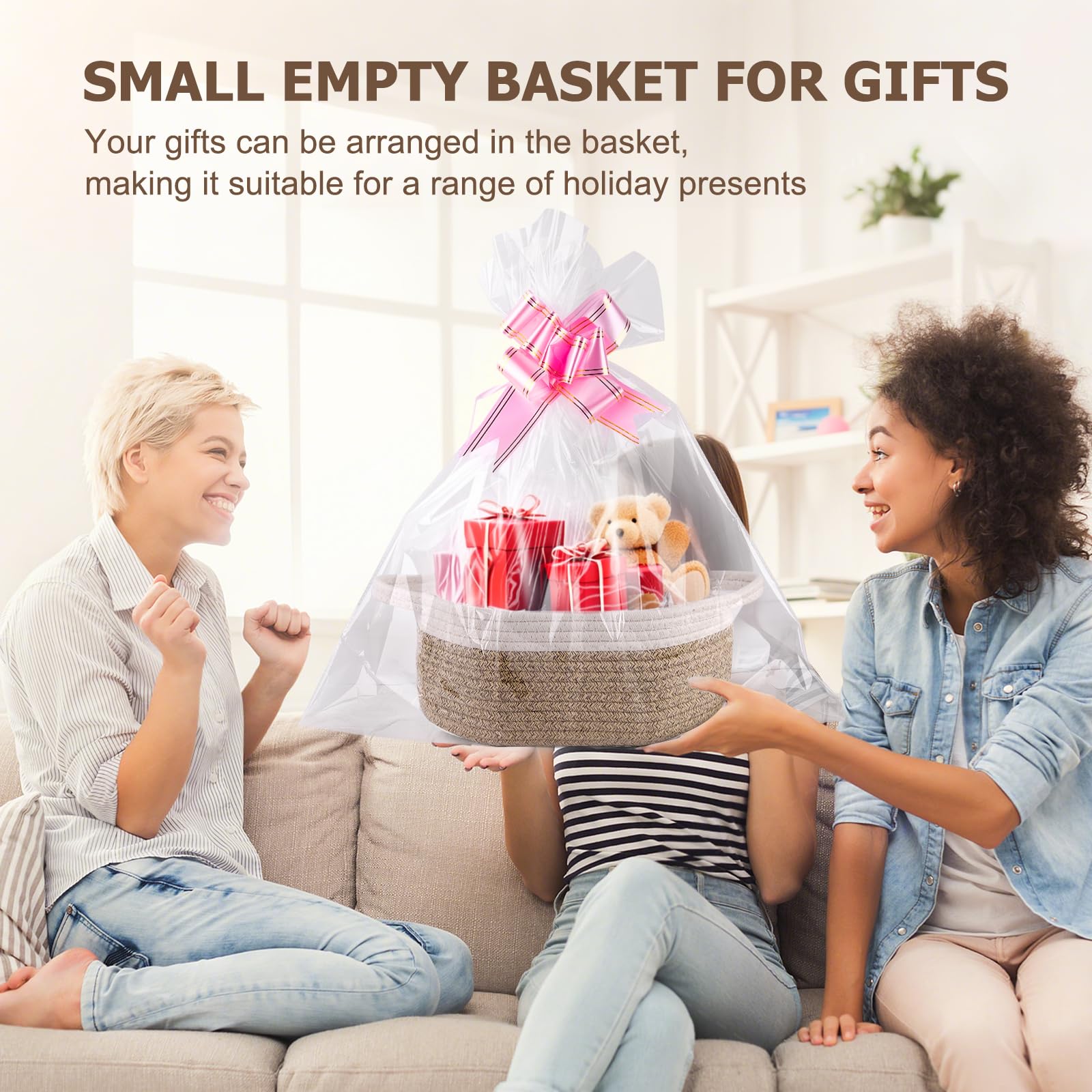 Small Woven Basket, 12" x 8" x 5" Gift Basket Empty with Ribbon and Gift Bag - Image 4
