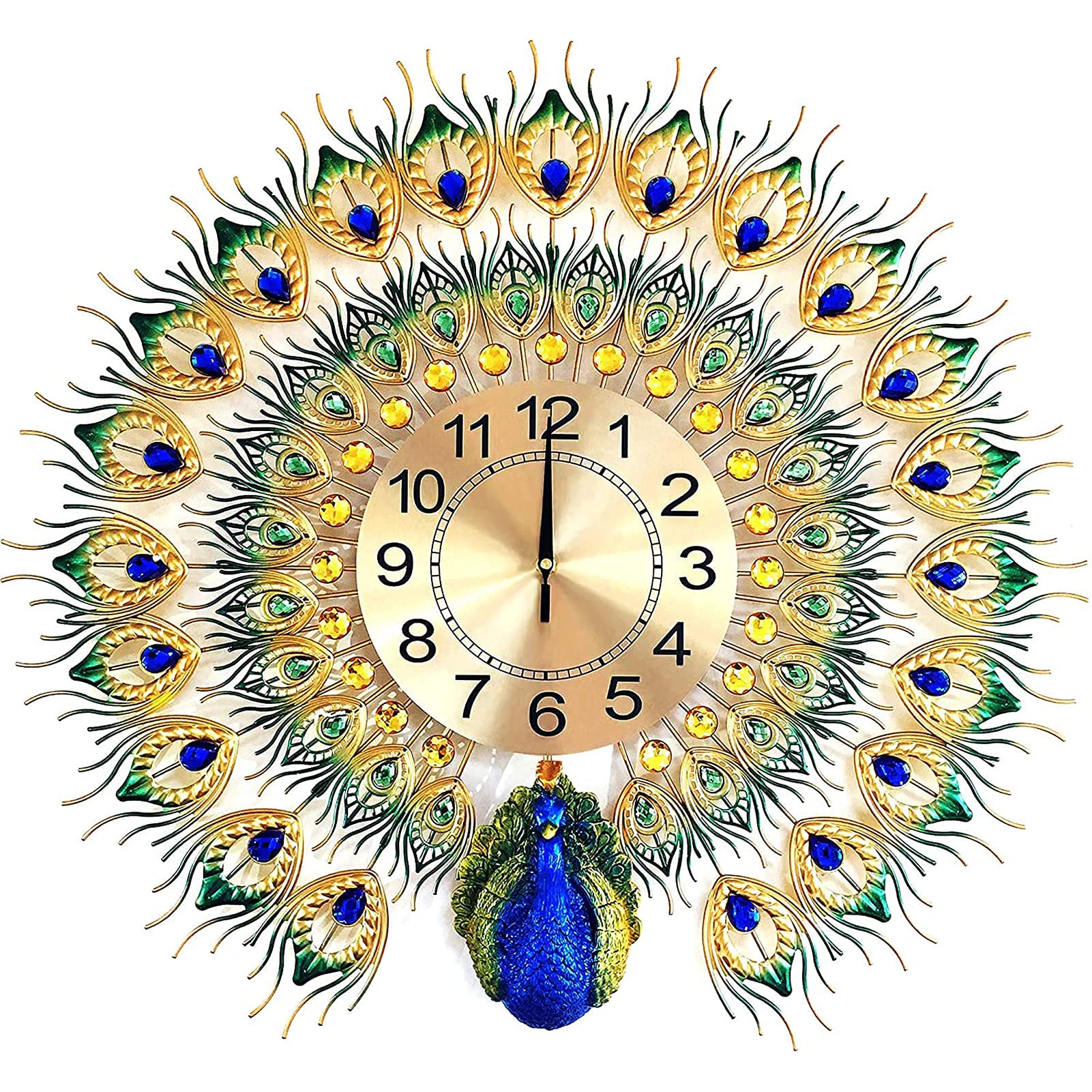 SaryEdge 3D Metal Peacock Wall Clock Decor, Retro Crystal Wall Decor Art Wall Clock, Quality Quartz Operated Modern Decorative Large Wall Clock,Gold,Gold,Gold