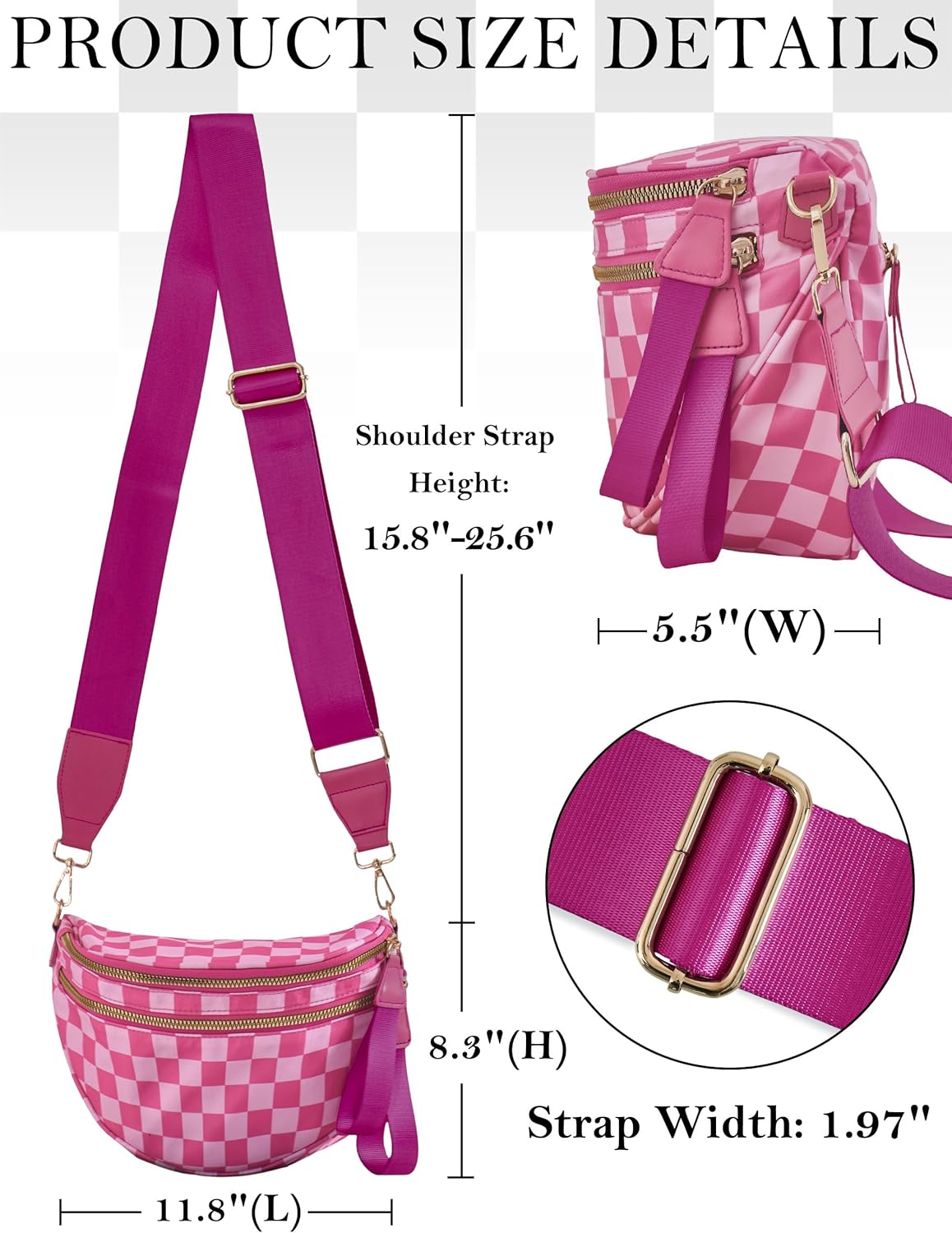 Checkered Crossbody Bum Bags for Women, Spacious Water-Resistant Nylon Shoulder Belt Bag Checkered Purse - Image 5