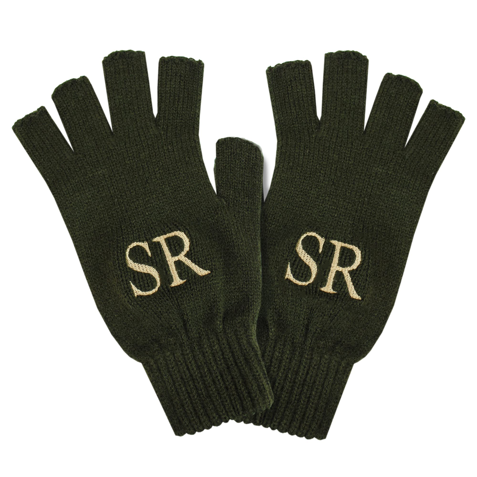 Teddyts Men's Khaki Green Personalised Warm Thermal Knit Fingerless Winter Gloves (, 2 Initials)