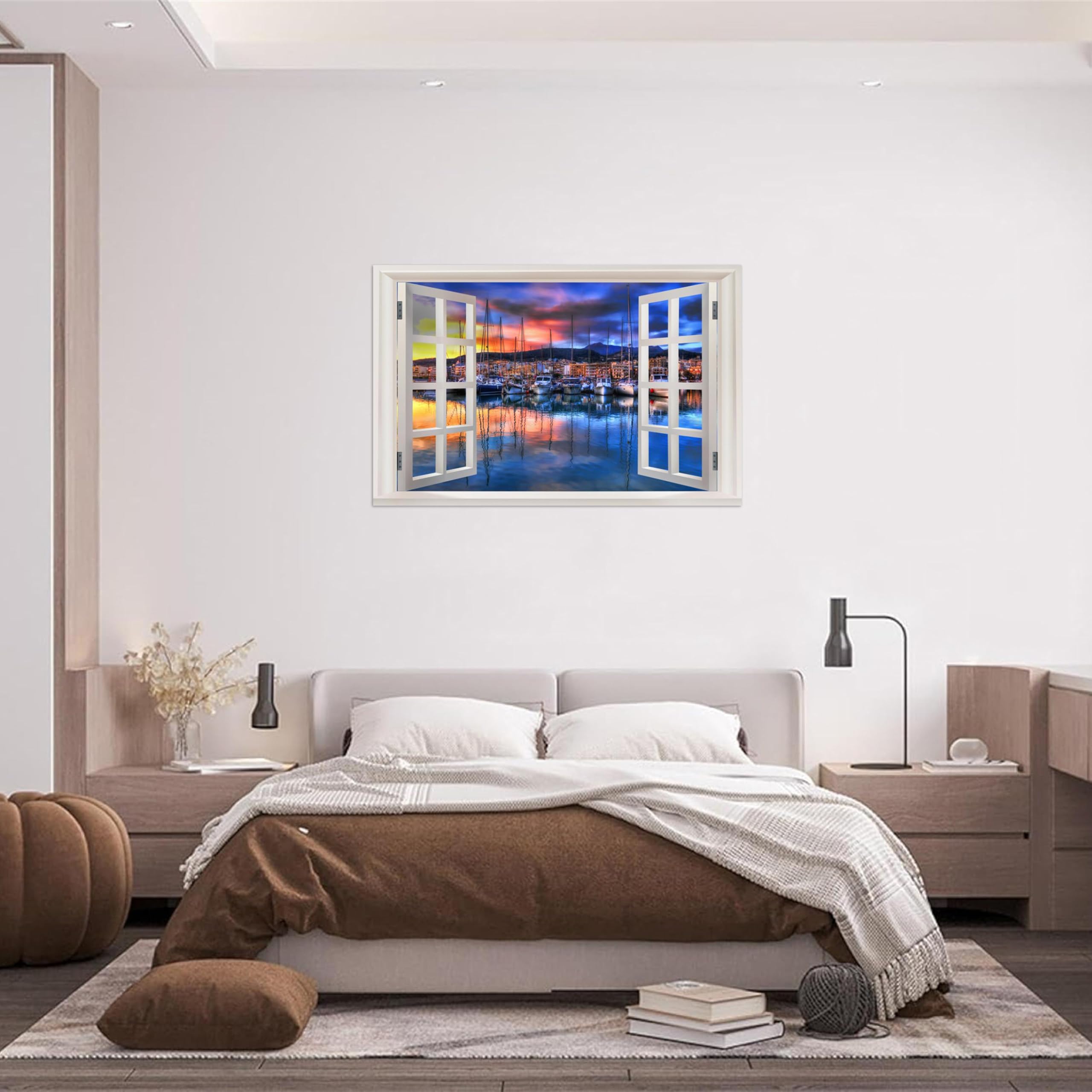 SDYSKKUG Fensterblick Bild. Meer Boot Sonnenuntergang. Landschaftsbilder Druck auf Leinwand. Wandbilder Wohnzimmer Wanddekoration 120x80cm Ungerahmt