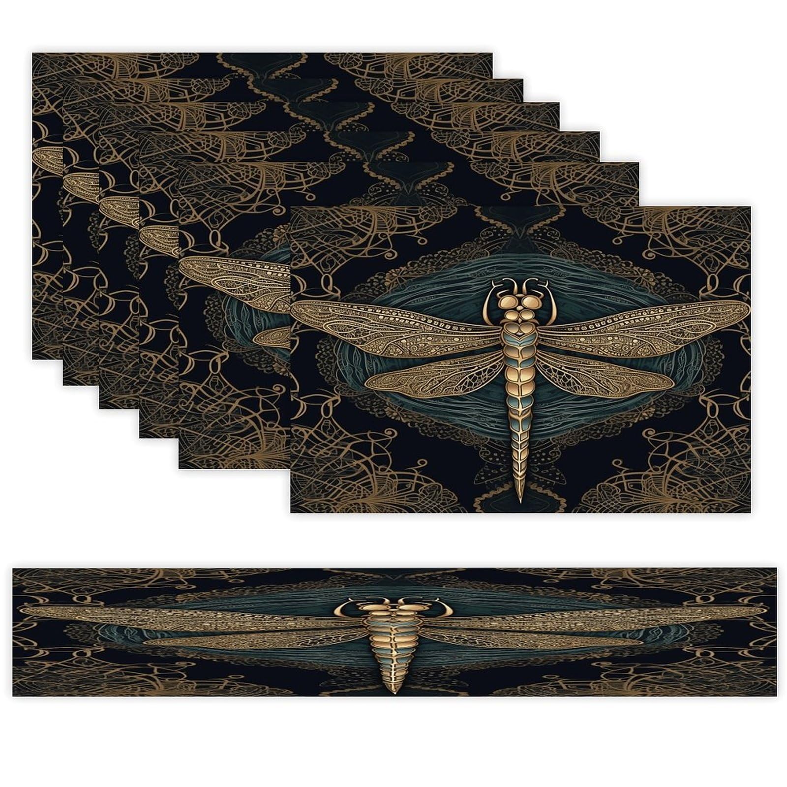 Dragonfly Placemats Set of 7 Exquisite Linen Table Mat Seven Piece Set Includes 13"x71" Fashion Table Runner and 12"x18" Place Mat Decor for Kitchen Dining Room