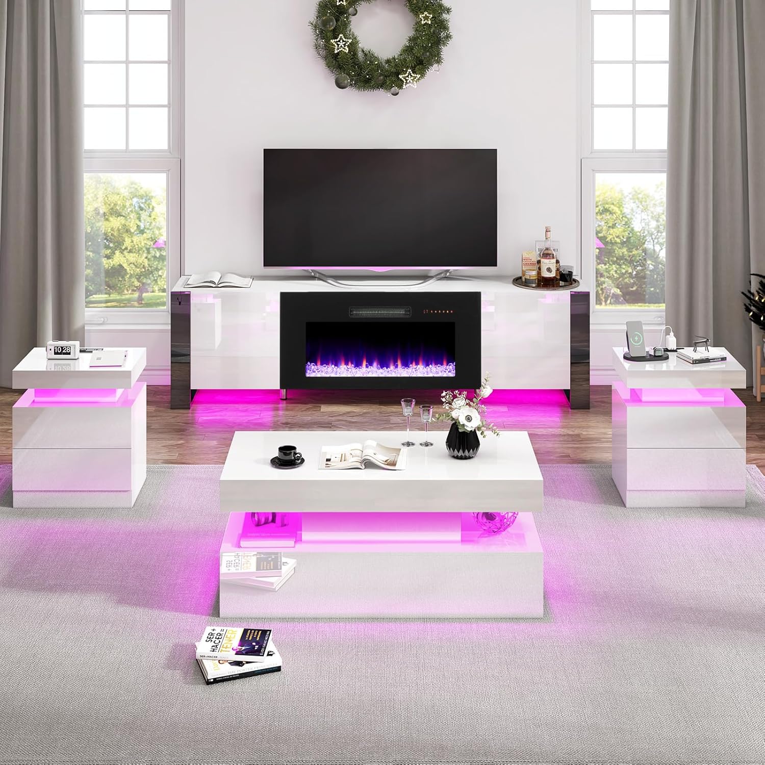 VanAcc 4-Piece Living Room Table Set, 80" Fireplace TV Stand with High Gloss Doors, Modern Coffee Table, LED Light End Table,High Glossy Table Sets for Living Room, White & Black