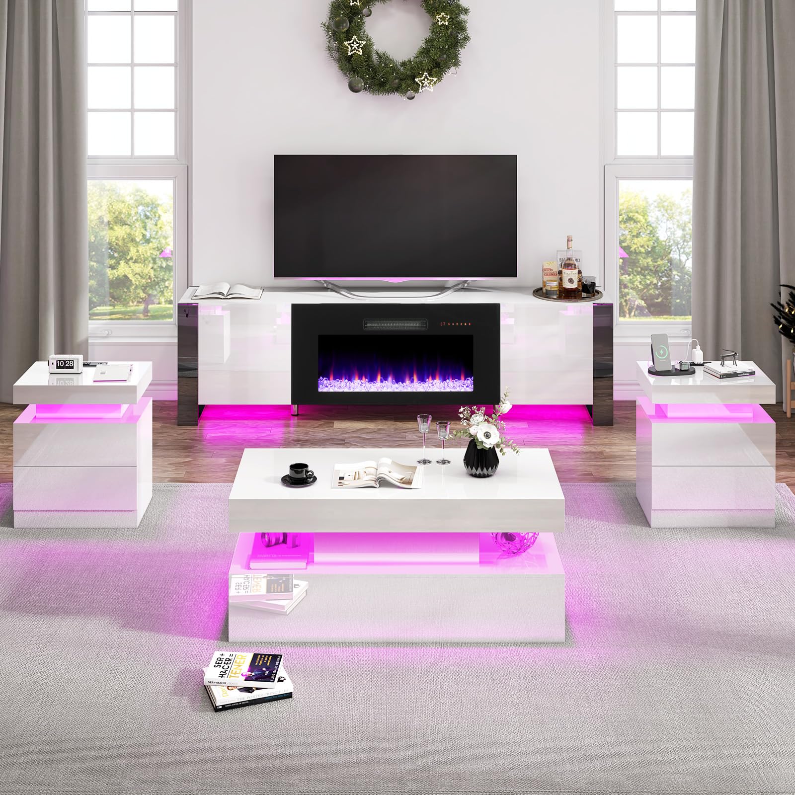 VanAcc 4-Piece Living Room Table Set, 80" Fireplace TV Stand with High Gloss Doors, Modern Coffee Table, LED Light End Table,High Glossy Table Sets