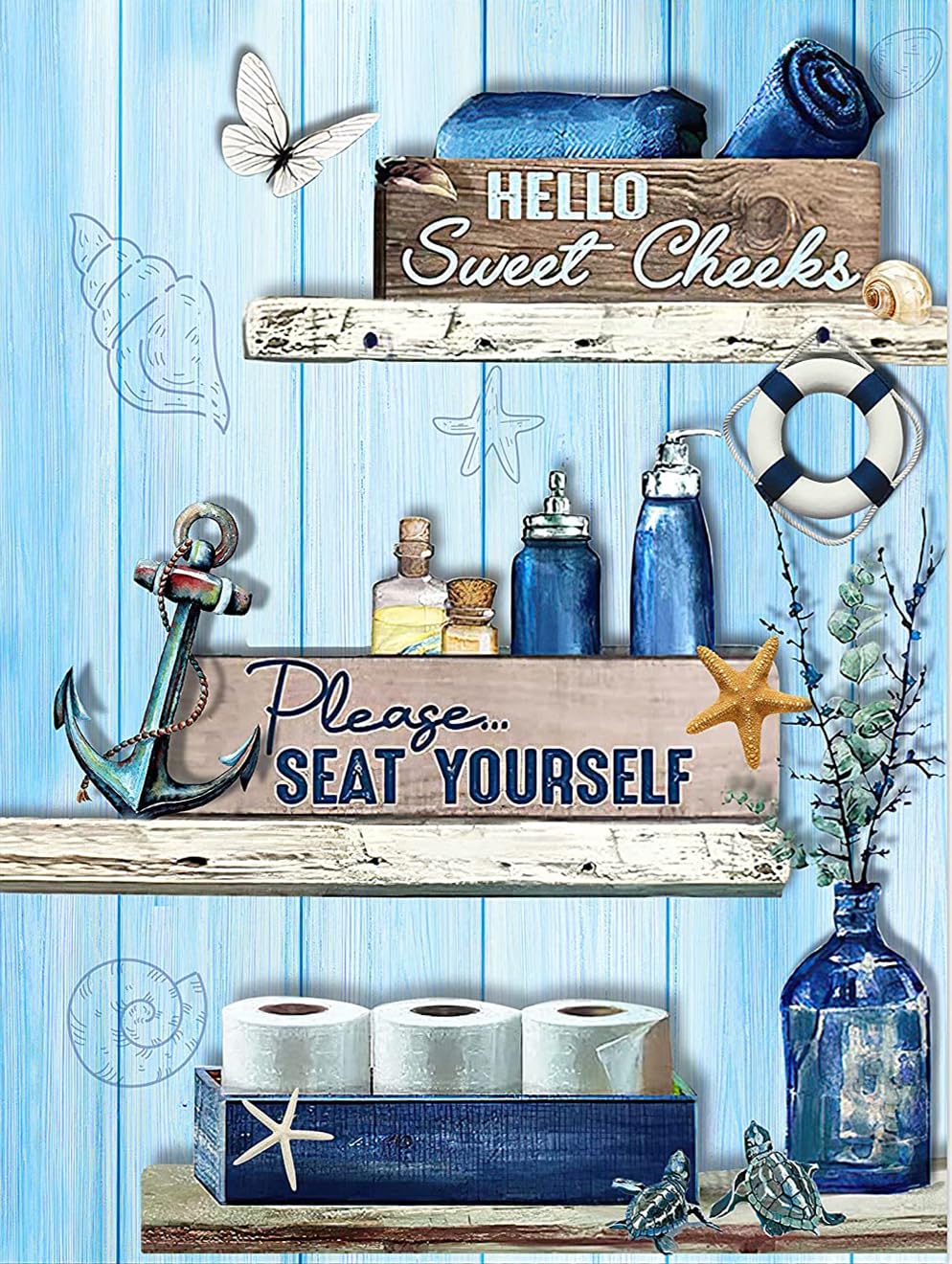 kisoyo Bathroom Decor Tin Sign Navy Blue Bathroom Pictures Wall Decor Funny Rustic Farmhouse Bathroom Signs Please Seat Yourself Wall Art Print Beach Nautical Sea Turtle Bathroom Decor 8x12 Inch