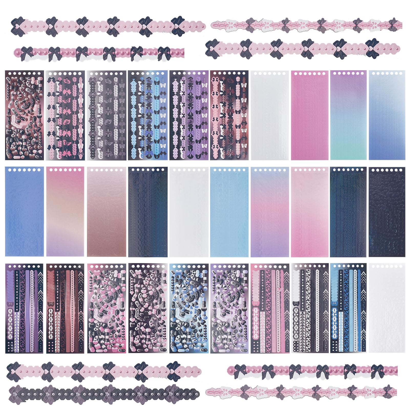 NICENEEDED30 Sheets Kpop Potocard Korean Stickers, Colorful Glitter Sweetheart Chain Ribbon Flower Sticker, Scrapbooking Decorative Sweet Decals Korean Deco Stickers for Scrapbook Card Craft