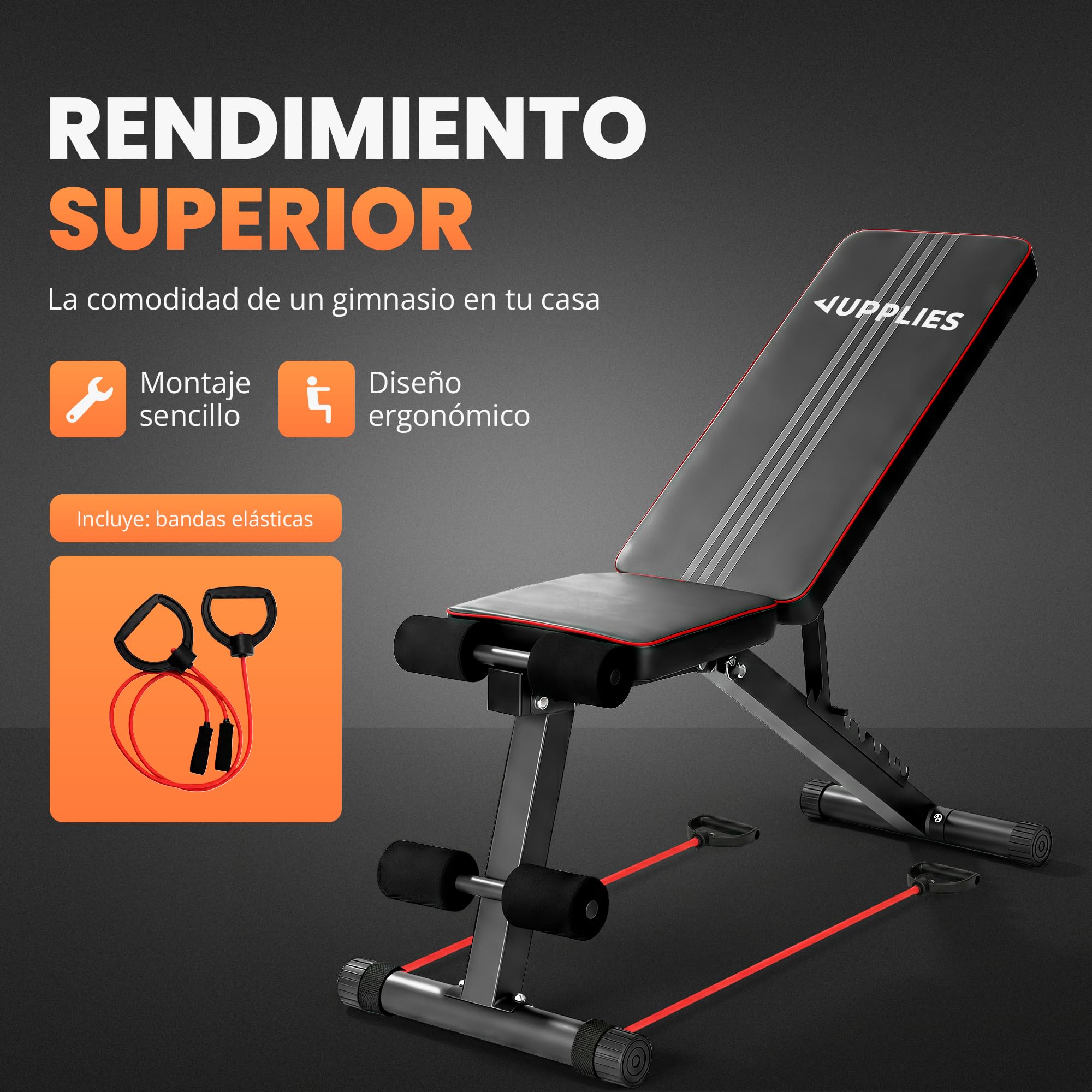 JUPPLIES Banco de Musculación Plegable Multifunción para Gimnasio en Casa – Banco de Pesas Ajustable 7 Niveles hasta 90°, Soporta 200 kg, Incluye 2 Bandas de Resistencia