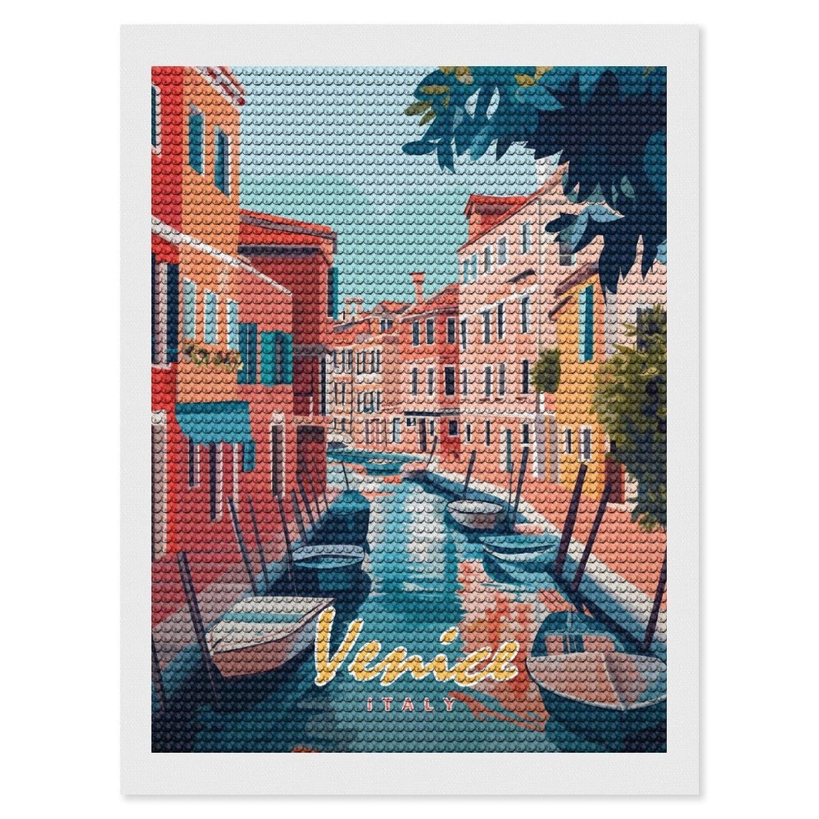 Junmoney Venice Canal Painting DIY Diamond Art Canvas Kit 12"x16", Farmhouse Decor, Vintage Style Decor, Handmade Wall Decor, Canvas Picture