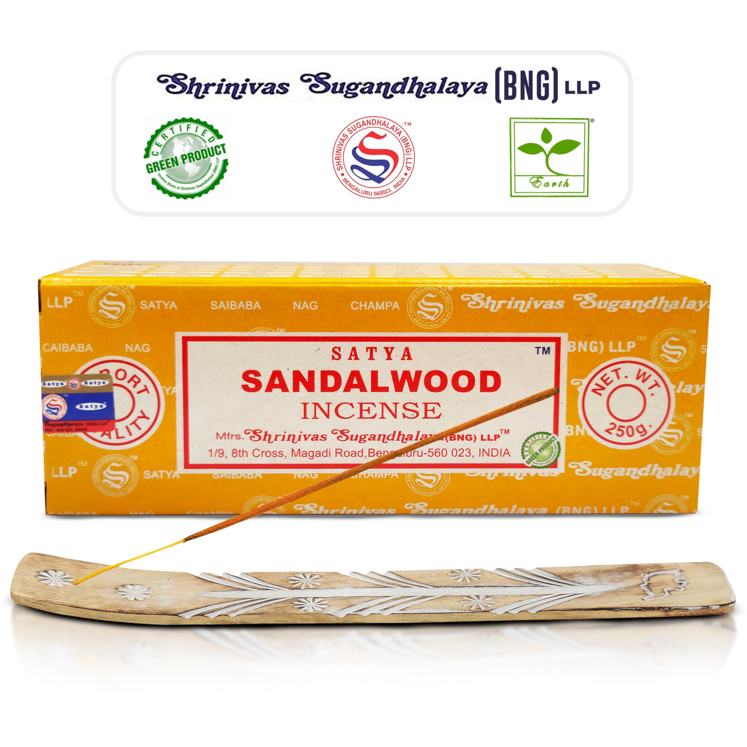 Satya Sandalwood Incense Sticks 250 gm Pack, Nagchampa Scent, Includes Raajsee Incense Holder