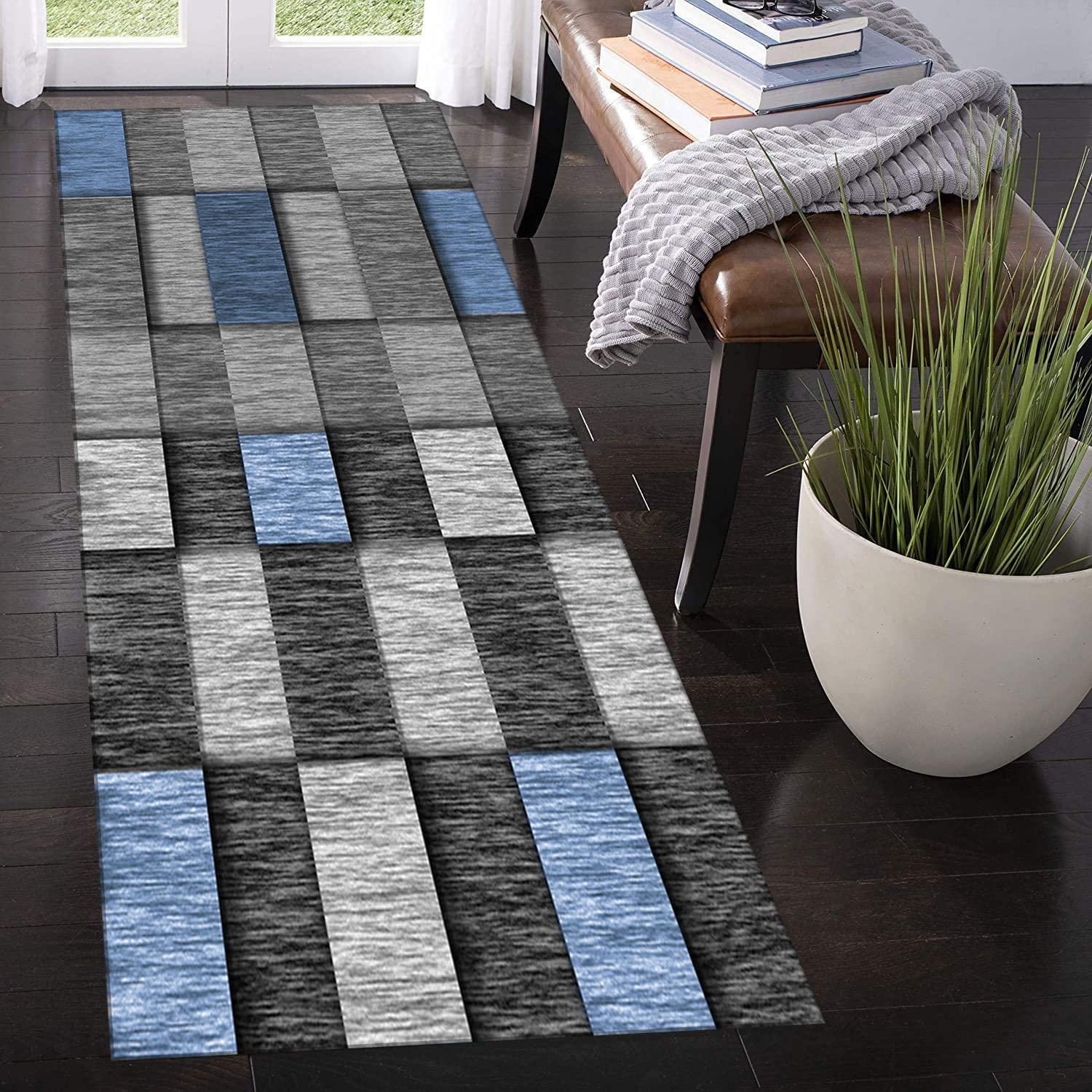 Rutschfester Läufer für Flur und Küche, modernes geometrisches gestreiftes rechteckiges Design, ideal für Wohnzimmer, vielseitig und langlebig