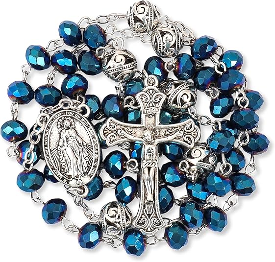 Nazareth Store Deep Blue Crystal Beads Rosary Necklace Catholic Prayer Jerusalem Holy Soil Medal