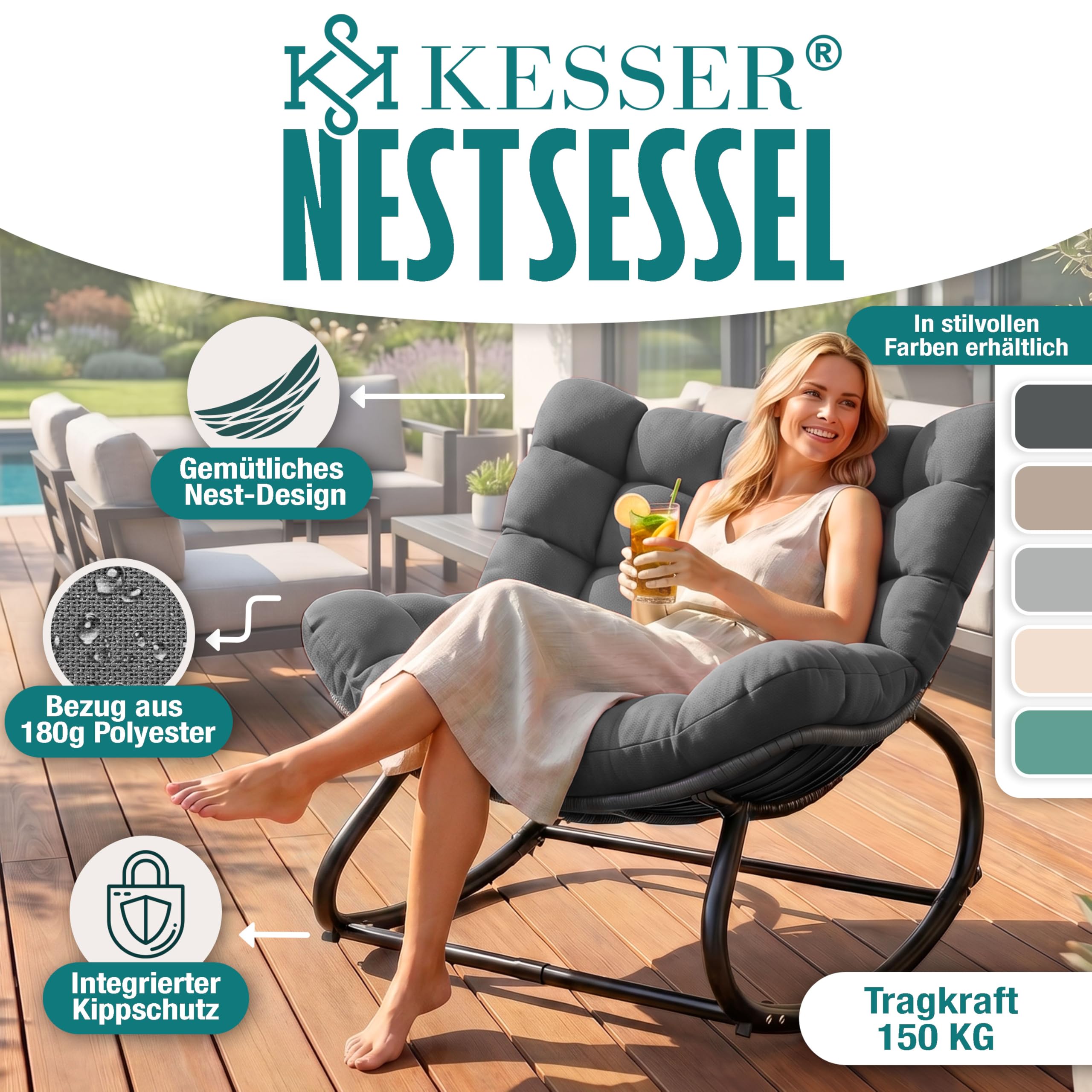 KESSER® Sedia a dondolo XXL per esterni, ergonomica, con imbottitura, per interni ed esterni, per giardino, balcone, sedia da giardino resistente alle intemperie, antiscivolo, fino a 150 kg, antracite