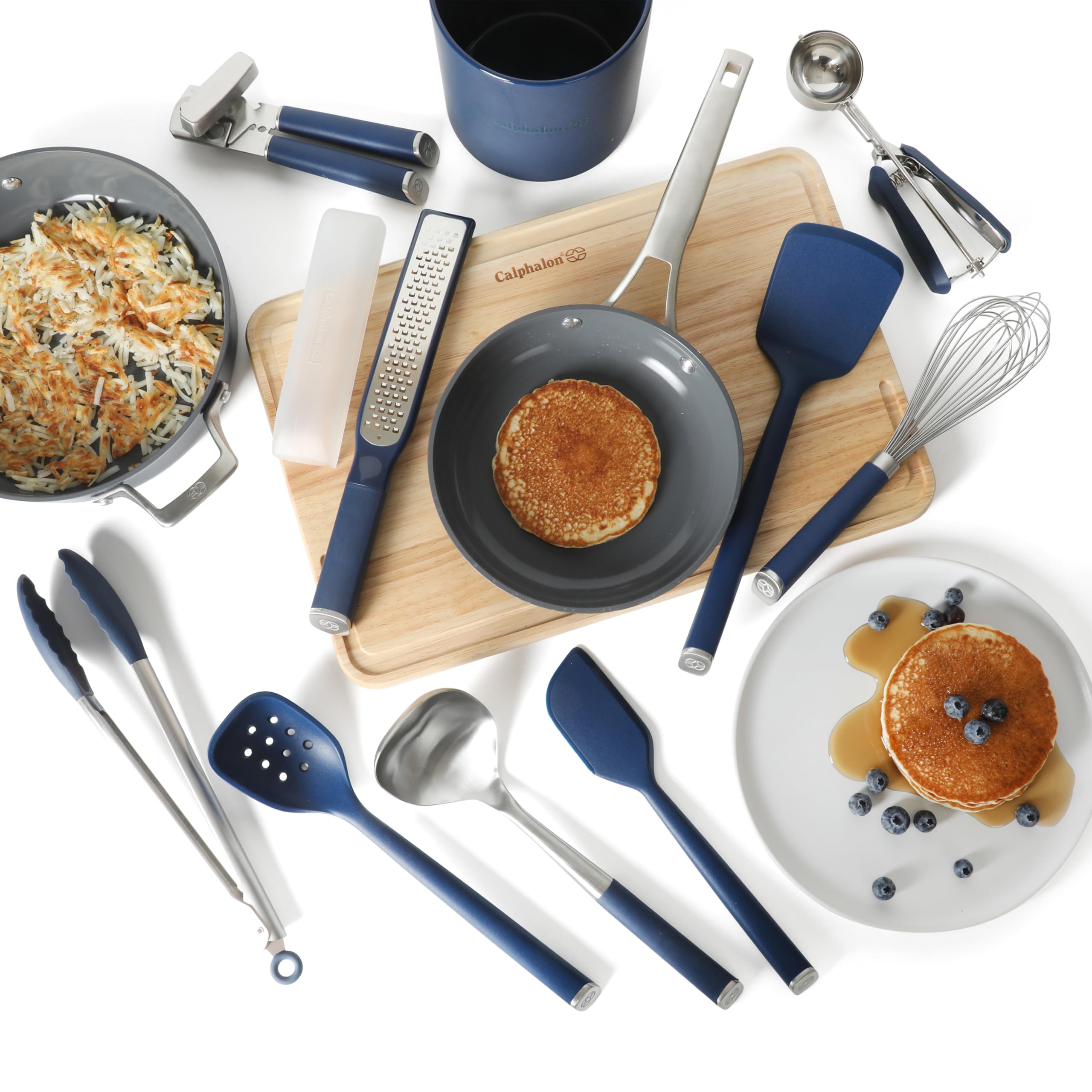 Calphalon Edge Küchenhelfer und Gadget-Set mit Topf, 10-teiliges Kochutensilien-Set, marineblau, Edelstahl und Silikon, Küchenhelfer und Gadget-Set, Blau