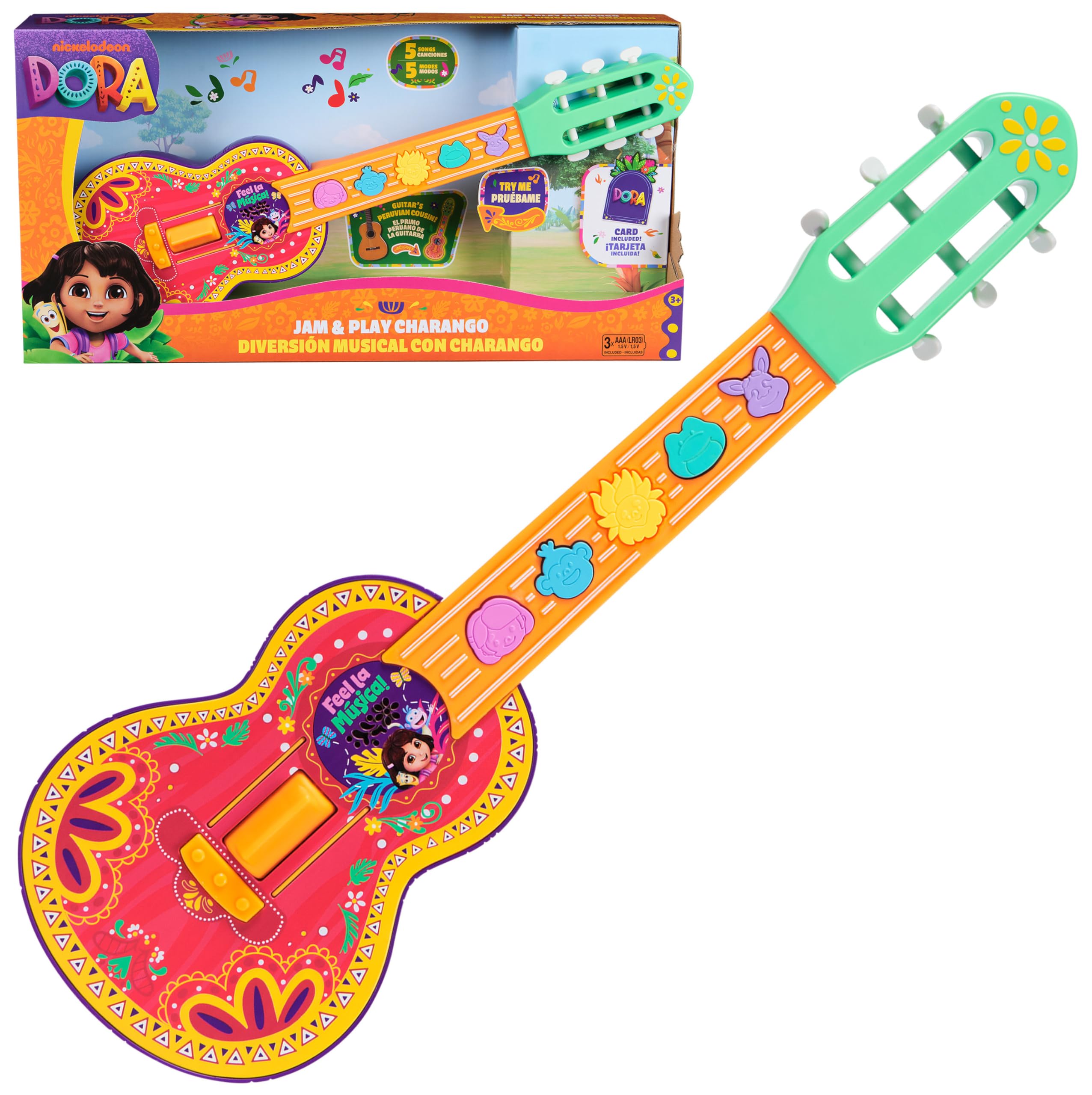 Dora, Jam & Play Charango, Toy Guitar for Kids with Music, Sound Fx and Bilingual Phrases, Kids Toys for Girls and Boys Ages 3 and Up